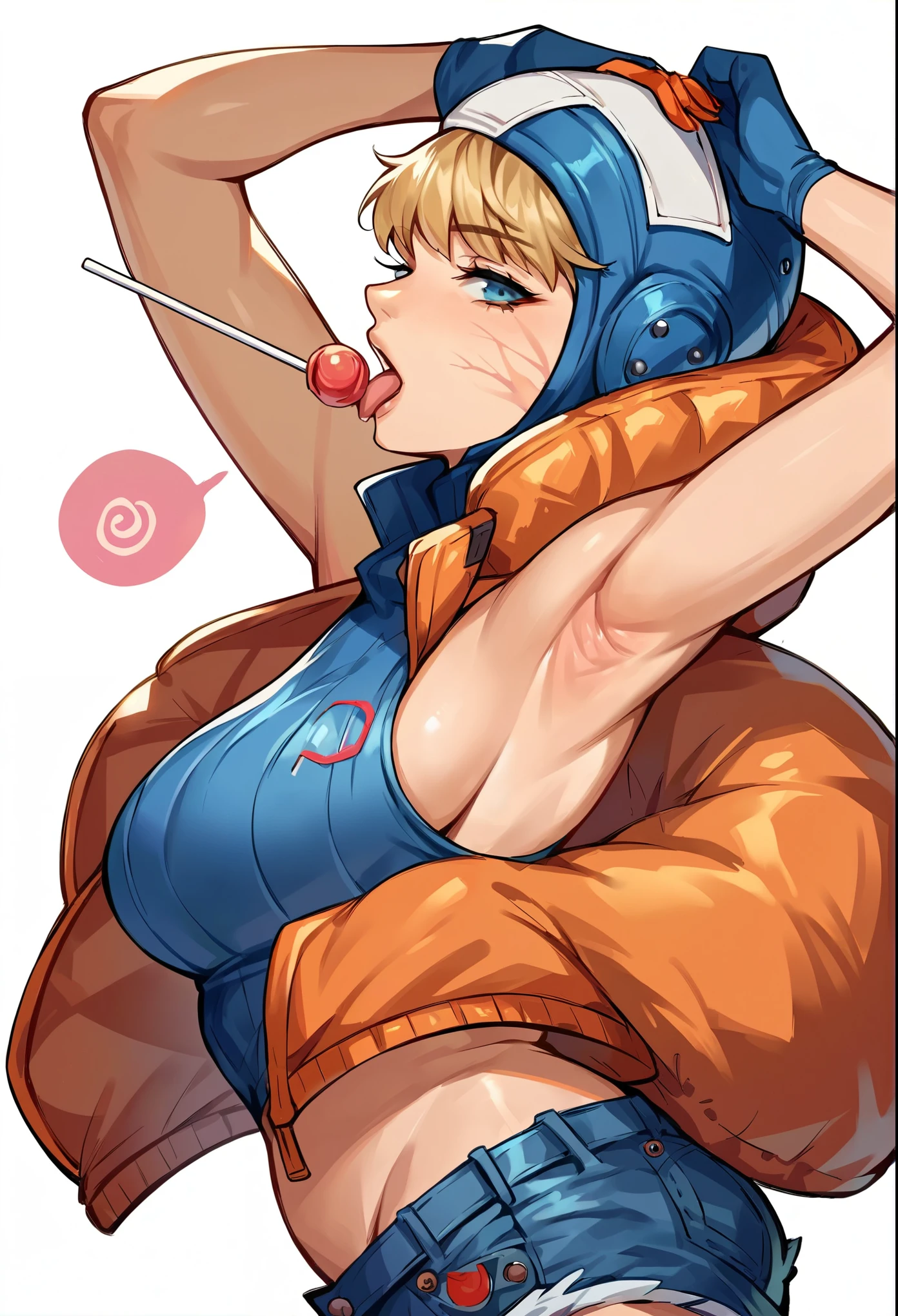 score_9, score_8_up, score_7_up, source_anime, 1girl, solo, big tits, denim shorts, armpits, armpit, lollipop, licking lollipop, apex legends, wattson, side view