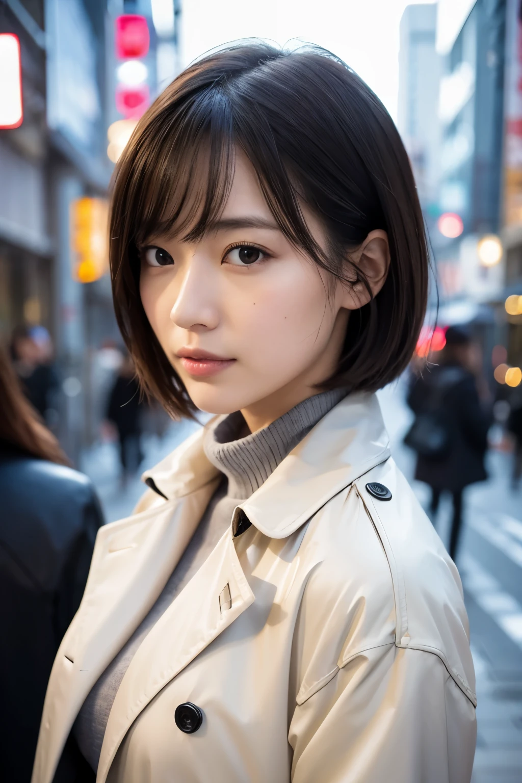 Photo realistic, High resolution, detailed background, detailed beautiful skin, detailed nose, soft lighting, (solo shot:1.23), (upper body:1.1), closed shot, (breast focused:1.3), looking at viewer, (((nice hand, perfect hand))), clear eyes,// japanese lady, pale skin, // (wearing Trench Coat and black Turtleneck sweater), short hair, street snap, ((facing viewer)), at the street tokyo,