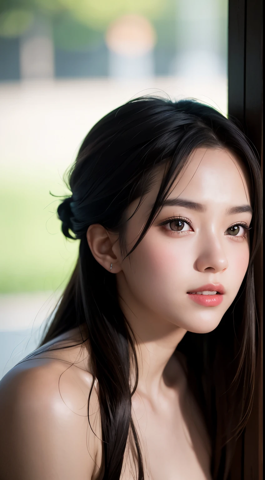 masterpiece, highest quality, Raw foto, photorealistic, smile, beautiful girls, cute, Hair up, Depth of the bounds written, High resolution, Super detailed, details, highly detailed eyes and face, mesmerizing black eyes, Realistic pupils, sharp focus, Cinematic lighting, upper part of the body, face on camera, topless, big breast, lesbian kiss, 2 girls kissing lips intimate, a couple of girls