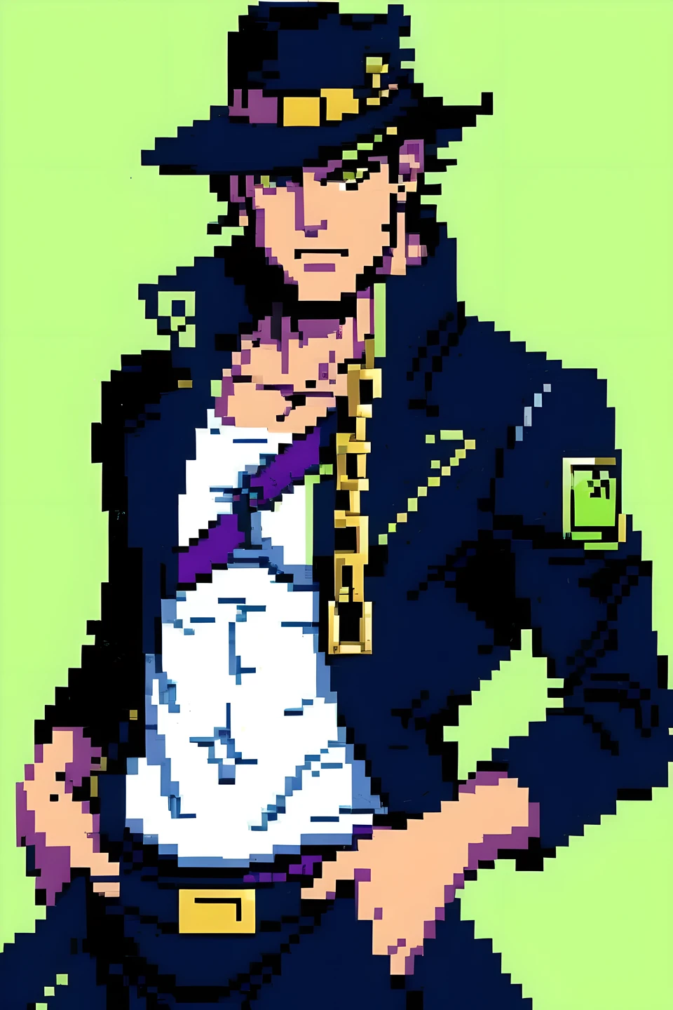 pixel art,1 person,Jotaro Kujo,muscular man,have,green eyes,Uniforms,Xuelan,long coat,jewelry,earrings,chain,superior_Body,looking at the audience,Simple background,best quality,masterpiece