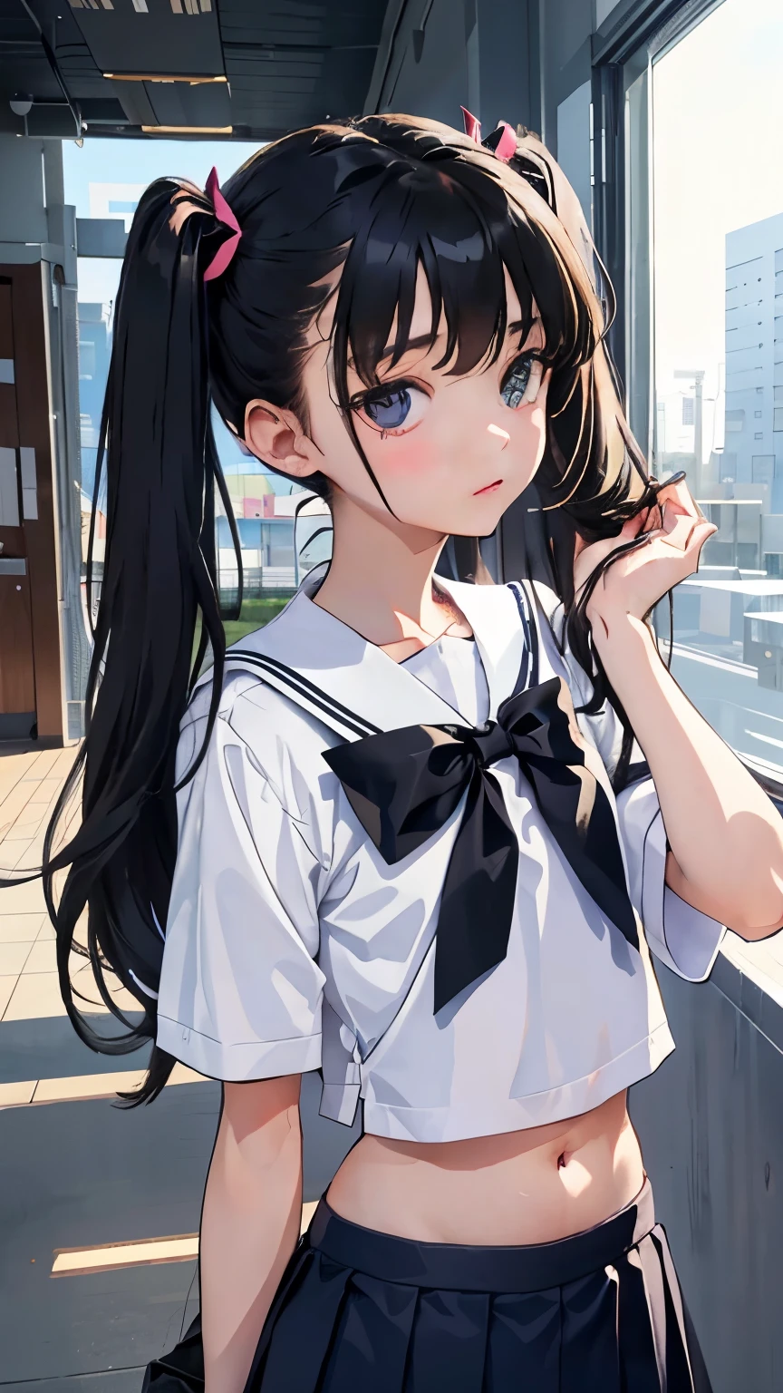 (short cute girl, young studeg delicate girl),(masterpiece,Top quality),school uniform,short sleeve,black hair twintails,belly button,sleepy