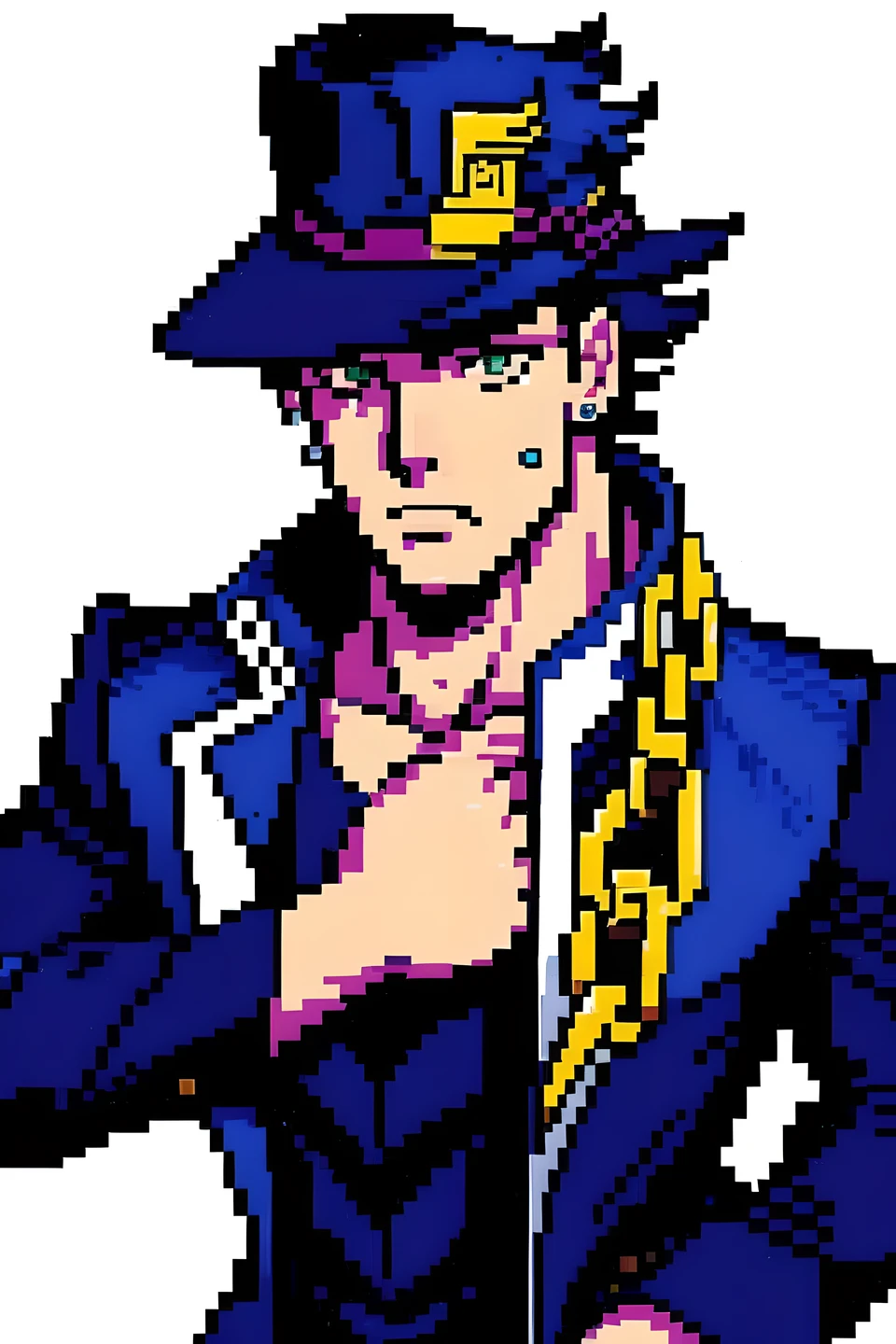 pixel art,1 person,Jotaro Kujo,muscular man,have,green eyes,Uniforms,Xuelan,long coat,jewelry,earrings,chain,superior_Body,looking at the audience,Simple background,best quality,masterpiece