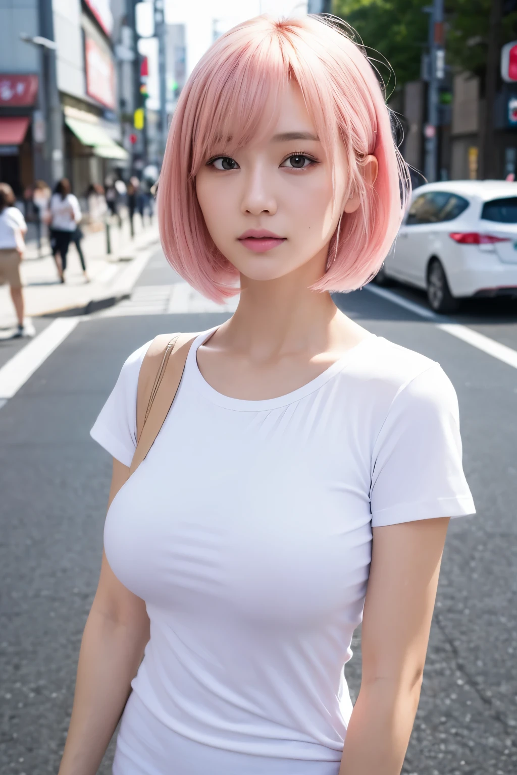 Photo realistic, High resolution, detailed background, detailed beautiful skin, detailed nose, soft lighting, (solo shot:1.23), (upper body:1.1), closed shot, (breast focused:1.3), looking at viewer, (((nice hand, perfect hand))), clear eyes,// japanese lady, pale skin, mega breasts, // (wearing T-shirts ), pink hair, short hair, street snap, ((facing viewer)), at the street tokyo,