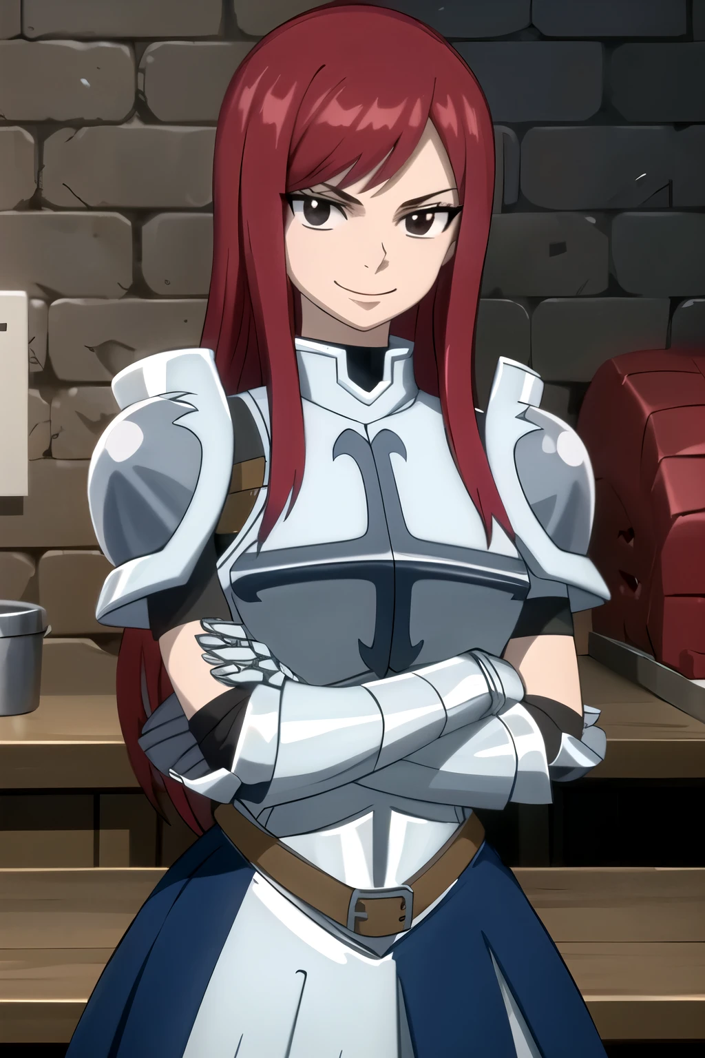 masterpiece, absurdres , (intricate details), (colorful),cinematic lighting,bust shot,extremely detailed CG unity 8k wallpaper, erzascarlet, armor, breastplate, gauntlets, shoulder armor, blue skirt, looking at viewer, smile, crossed arms,