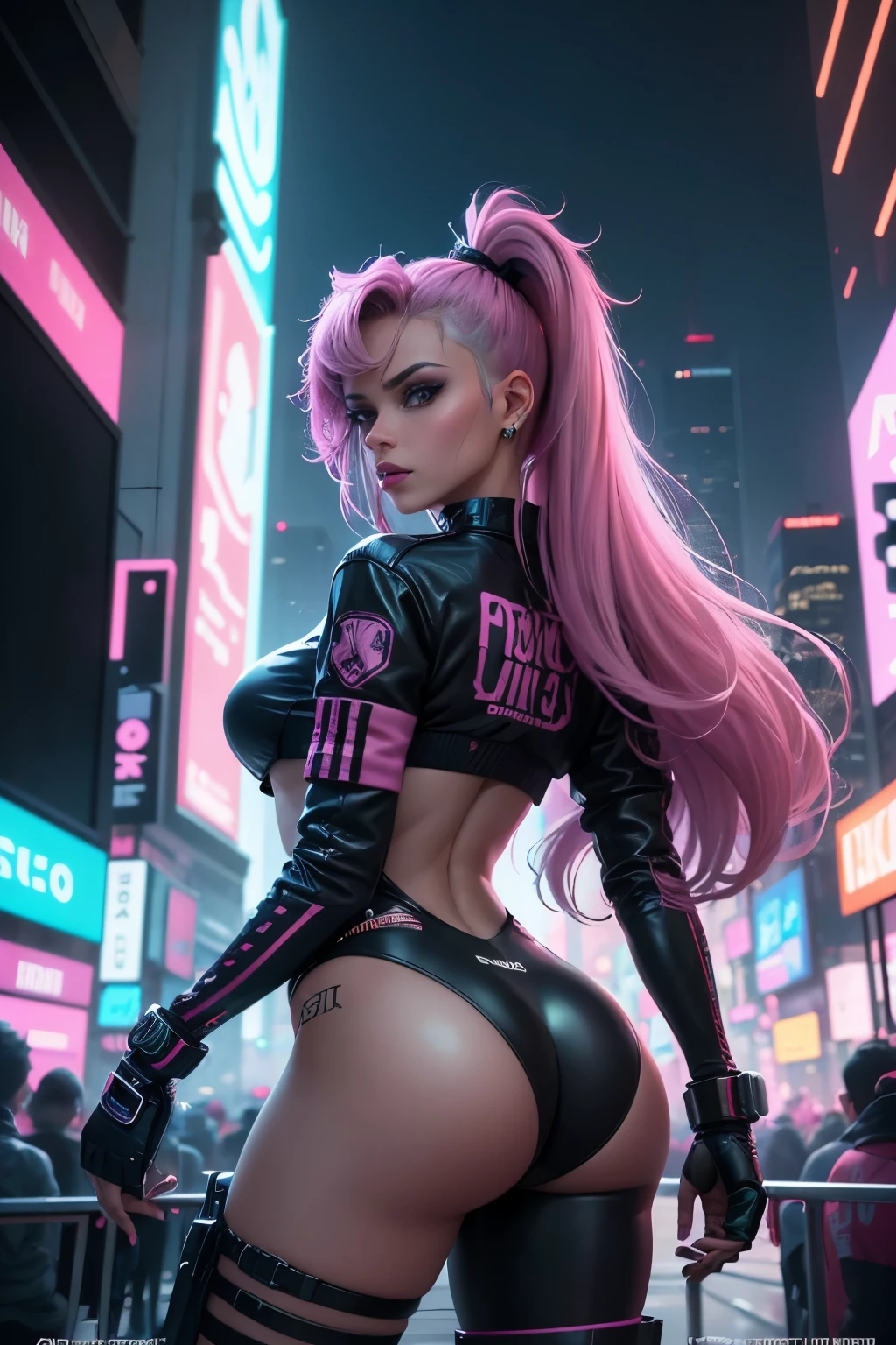 (best quality,4k,8k,highres,masterpiece:1.2),ultra-detailed,(realistic,photorealistic,photo-realistic:1.37),90s vibe,cyberpunk,futuristic neon lights,pink and blue pastel colors,stylishly dressed girl with punk elements,dynamic composition,Kim Bassin-inspired character design,Retro 80s film poster art style,nostalgic atmosphere,innovative technology,aesthetic graffiti in the background,sleek and shiny surfaces,cityscape with towering skyscrapers,hovering vehicles,futuristic gadgets and holograms,action-packed scene,fashion-forward hairstyle and accessories,glowing tattoos and piercings,electric energy and sparks,urban underground culture,positive and empowering energy,unique and captivating visual narrative,synchronized dance moves with pulsating music,stylish typography and design elements