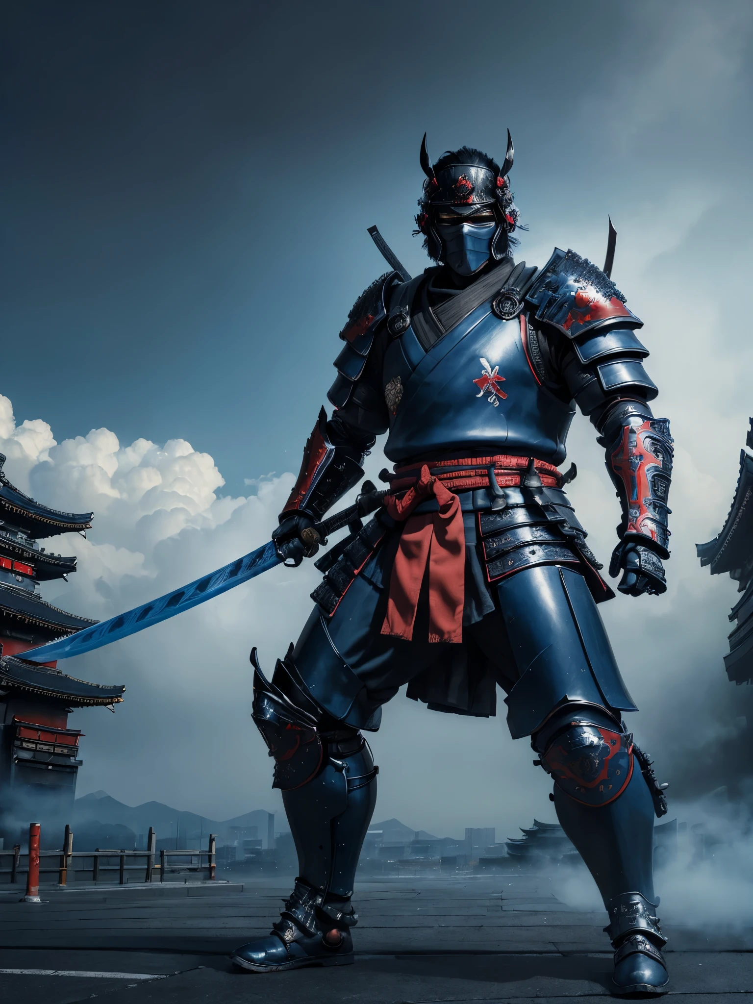 (urban samurai:1.5), (Wearing a Demon Mask), red armor, full body, (Armed with a long and large Japan sword), facing front, magnificent artwork, (Kyoto panel painting style), (Wind-effect), (Cloud Effects), (Blue and black army armor:1.5), Full Rendering, Encaustic Painting, (modern Tokyo city background)