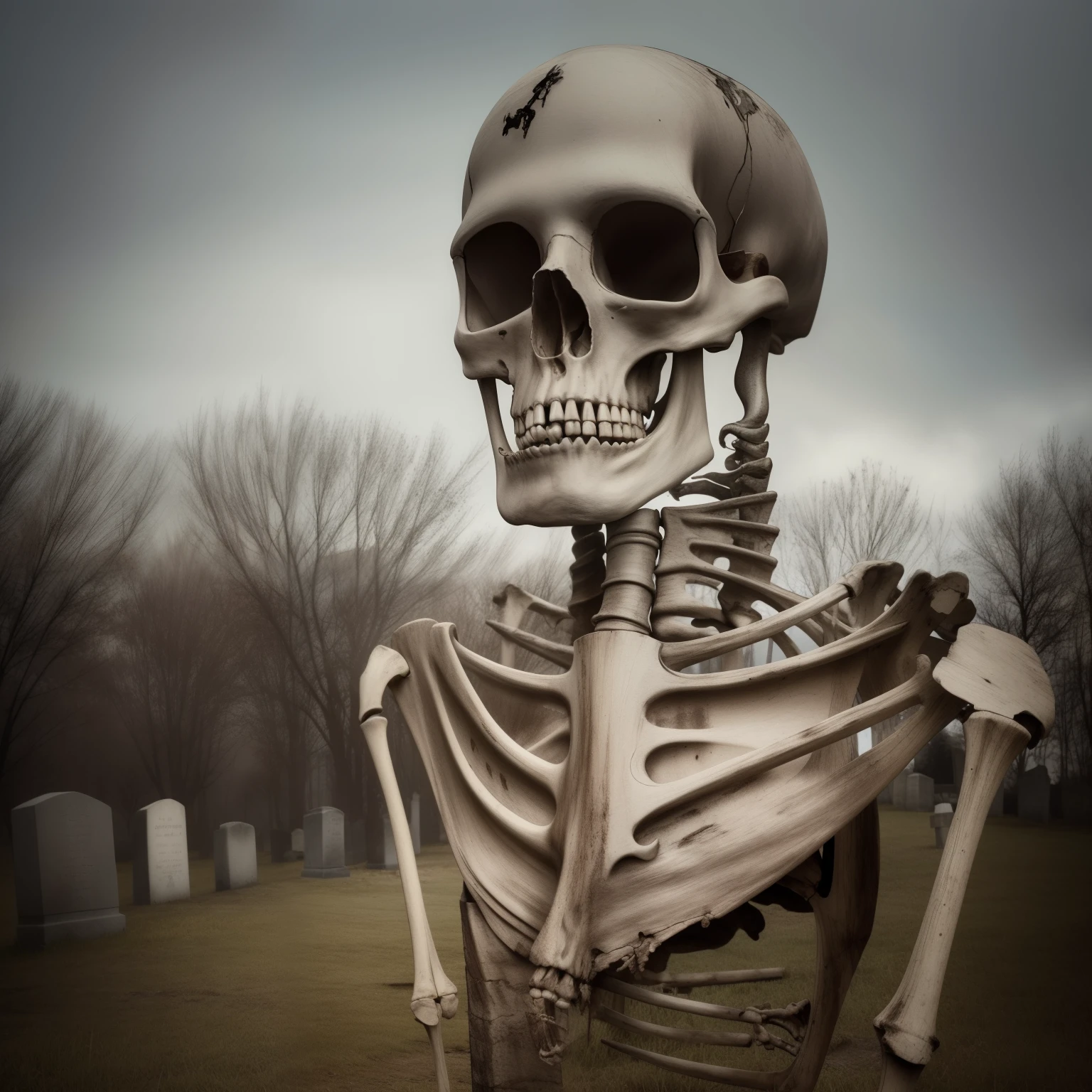 ral-bnz, human skeleton made of ral-bnz, walking in graveyard, <lora:ral-bnz:1>