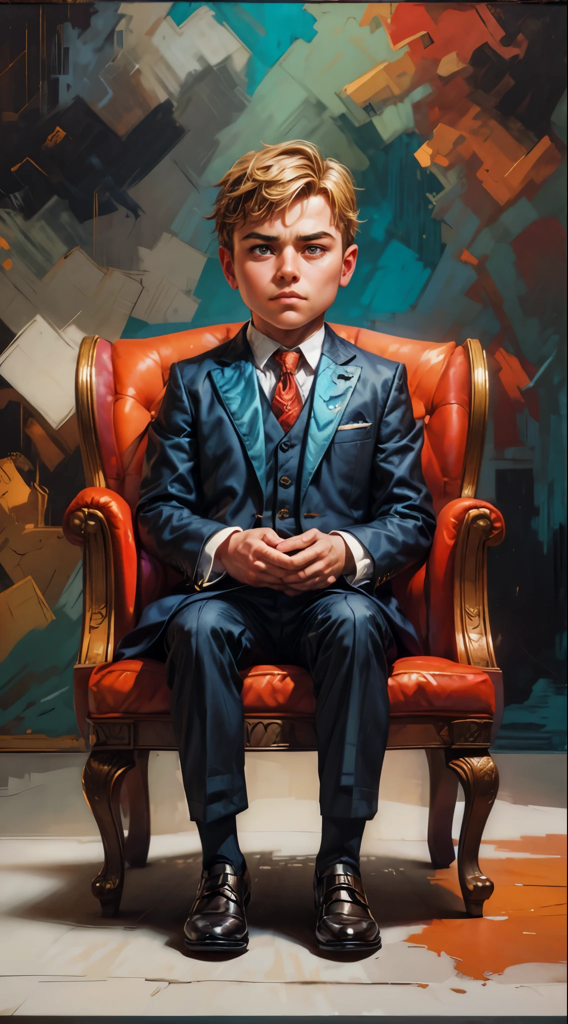 young boy in a suit sitting in a chair, epic and classy portrait, high quality portrait, young boy, stylized portrait formal pose, sitting on his throne, sat in his throne, super realistic painting style, classic portrait, he looks very sophisticated, masterpiece digital painting, dressed in a suit, serious business, portrait art, sitting in his chair. intricate