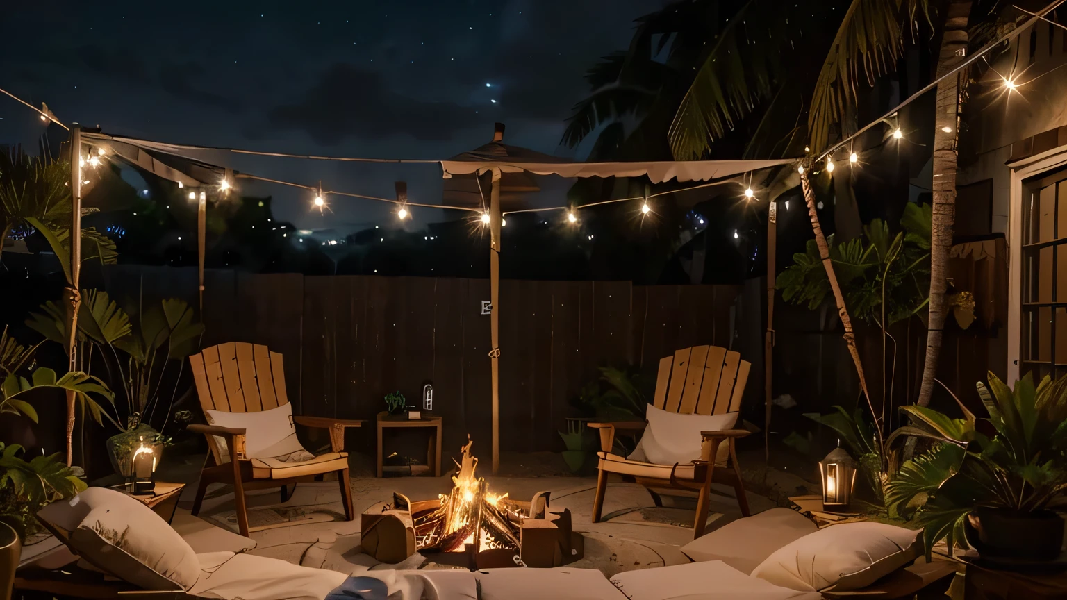 a single bonfire at night, na frente de uma cabana com as janelas iluminadas, ultrarealista, 8k
