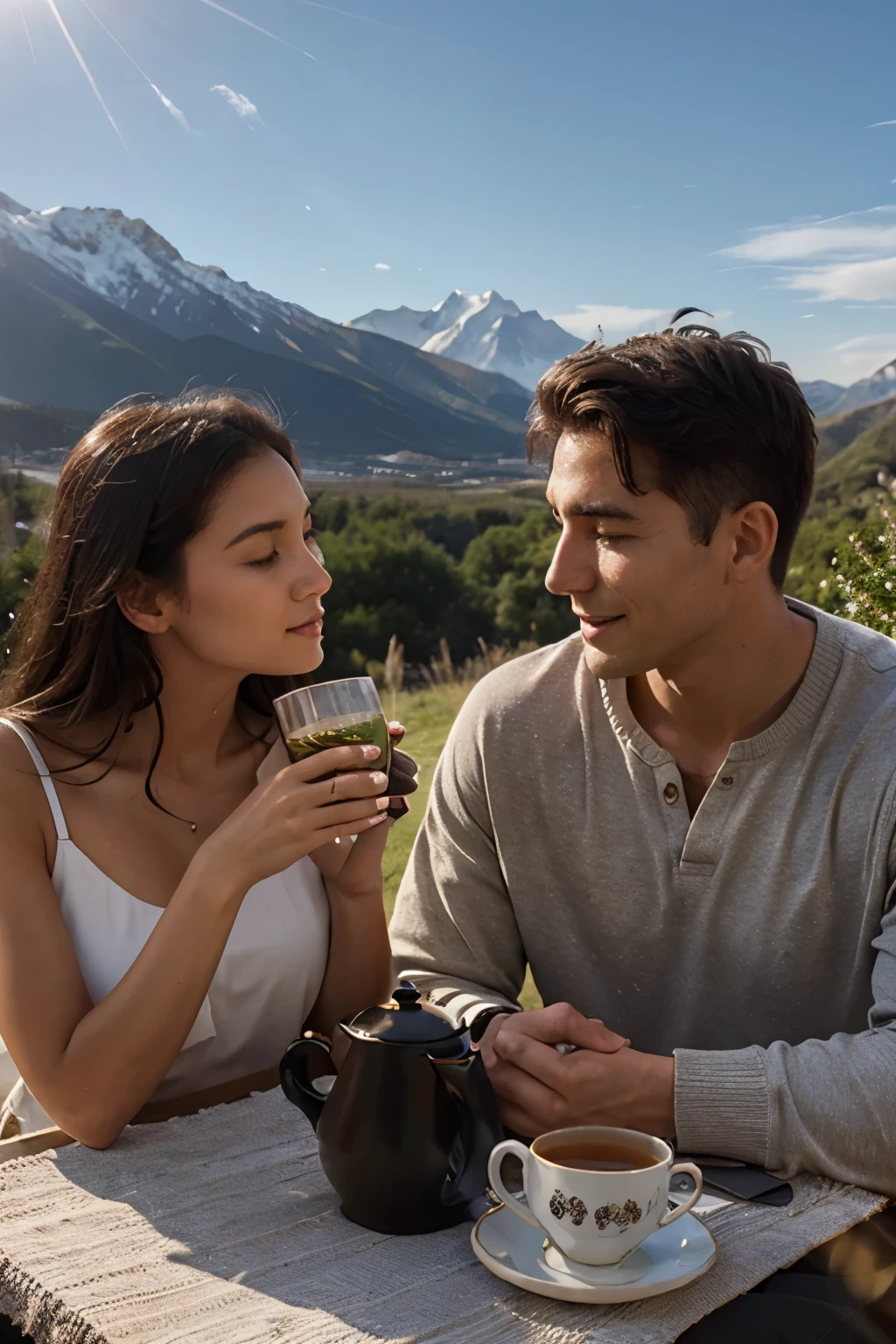 two cup of tea in sunlight near a mountain a men and a women
