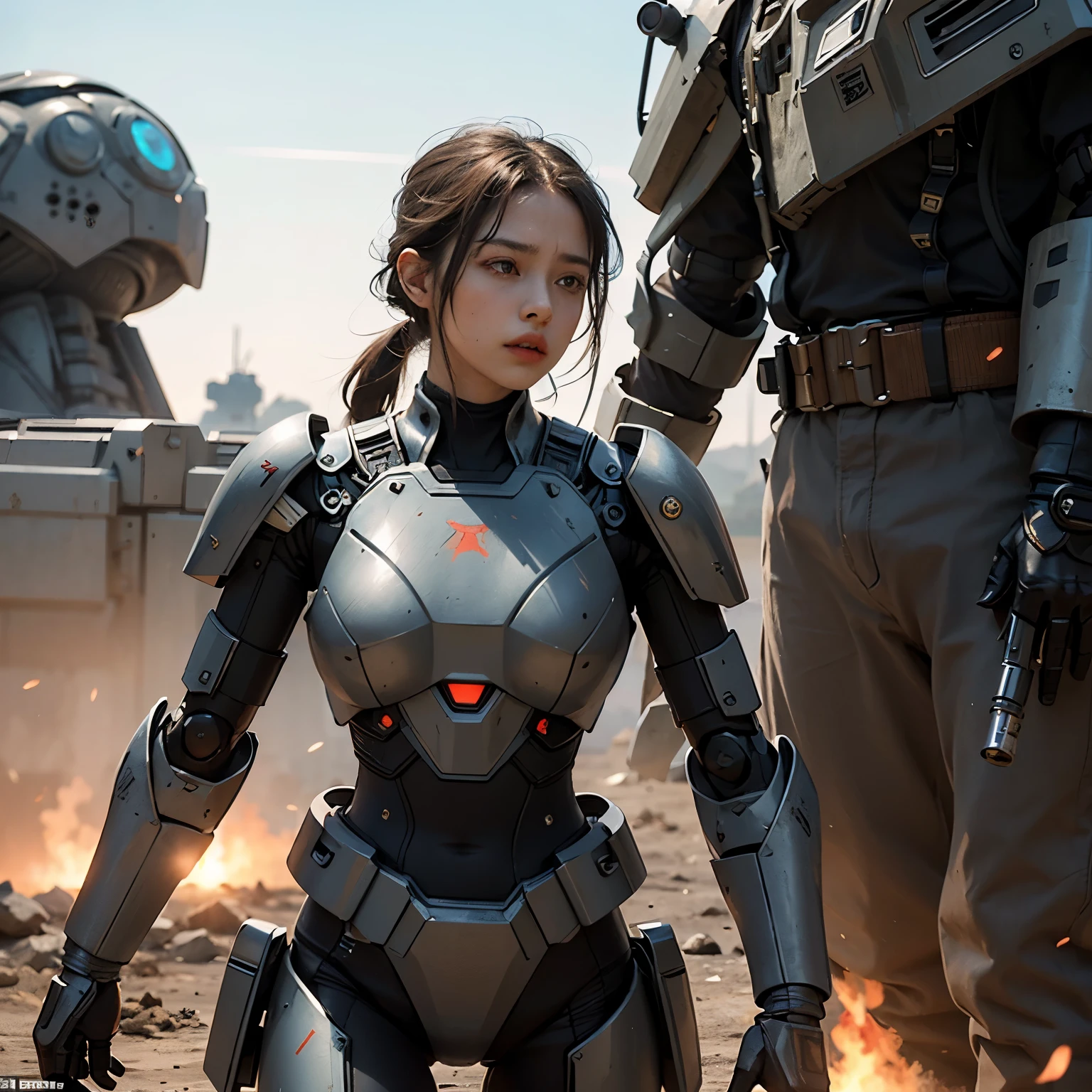 In the heart of a futuristic battlefield, a tense standoff takes place between the relentless Guerra robots and determined human soldiers. The sun sets behind them, casting long shadows and bathing the scene in a warm, orange glow. The metallic bodies of the robots gleam under the soft light, a stark contrast to the rough, earthy textures of the soldiers.
The human commander, his face etched with worry and determination, gives a firm order. His troops tighten their grips on their weapons, their eyes focused on the enemy. The Guerra robots' cool, expressionless faces remain unreadable, their red eyes glinting menacingly in the dimming light.