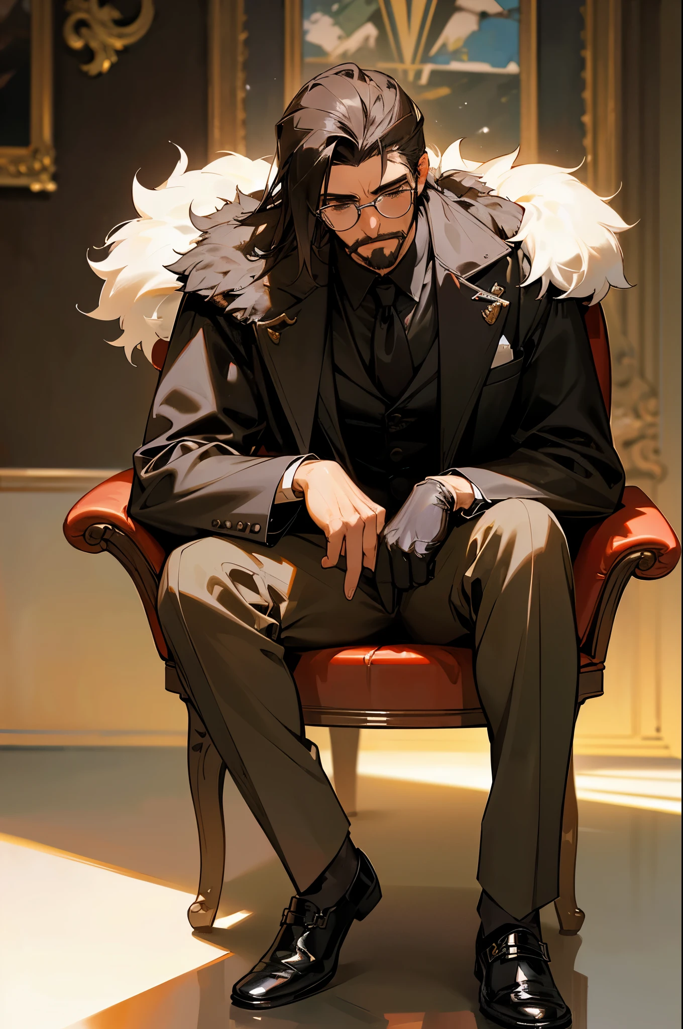 Masterpiece, a man, solo, wearing an elegant suit, Cuban cigar in mouth, glasses perched on his nose, ar2:1, high definition, realistic, ultra-detailed, (fur texture: 1.5), dynamic light and shadow, sharp focus, depth of field, realistic reflection on the cigar, man's wrinkled and worn leather armchair, German Shepherd's shiny black nose and wet muzzle, man's brown eyes, (facial hair: 1.2), indoor scene, black gloves, full body