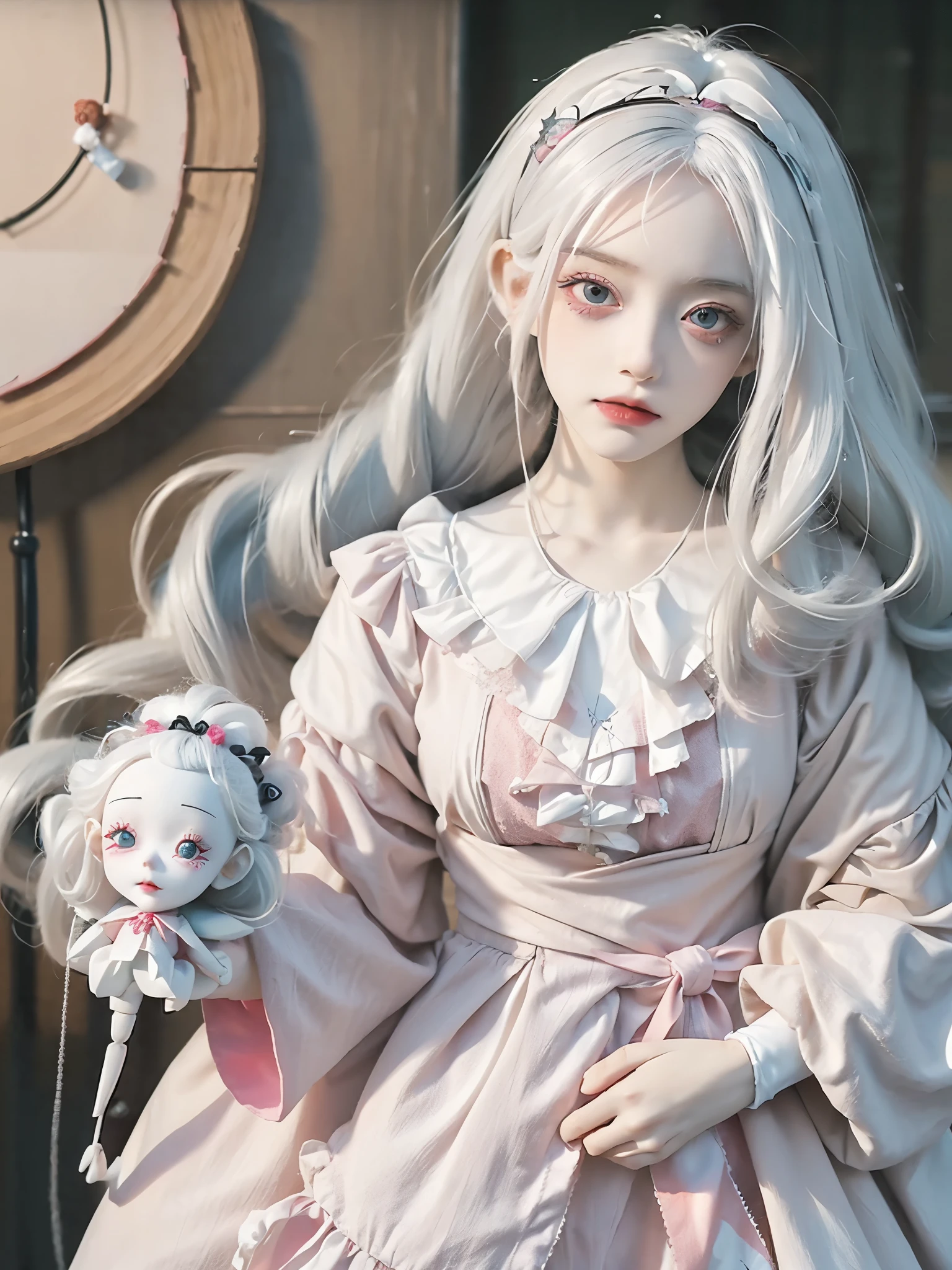 there is a doll with a white hair and a pink dress, artdoll, ball jointed doll, doll phobia, ooak, sad clown girl, sad marionette puppet, patchwork doll, pale young ghost girl, cute pocelain doll, doll in hand, realistic cloth puppet, creepy masked marionette puppet, goth clown girl, with haunted eyes and curly hair