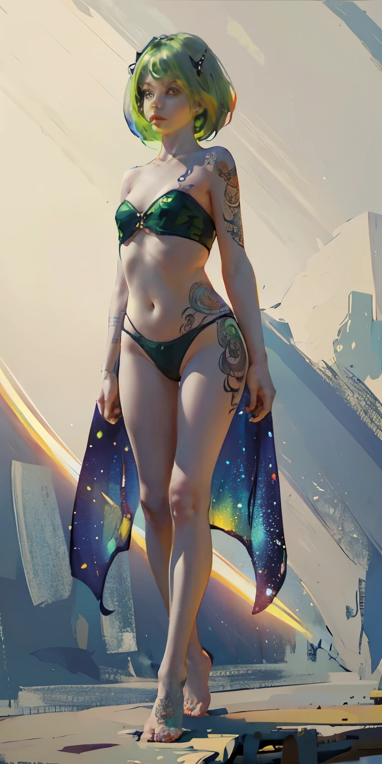 Rabbit technique , Science fiction, 
1 girl, tattoo, 发光tattoo, sparkling eyes, Multicolored shiny hair , （（（whole body）））, green hair,Open navel Cavitec, Barefoot，pastel shades, kawaii, Cute colors,