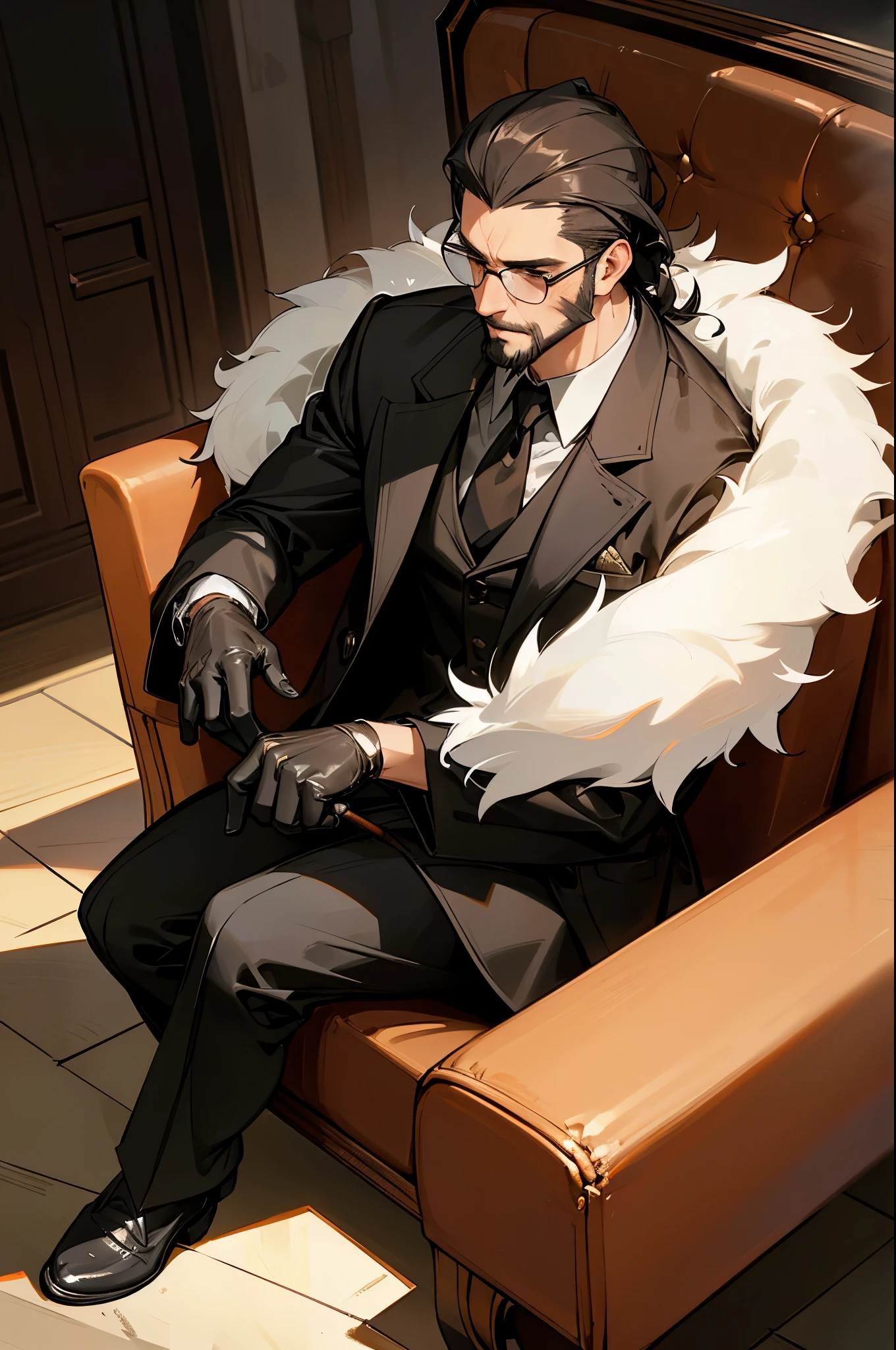 Masterpiece, a man, solo, wearing an elegant suit, Cuban cigar in mouth, glasses perched on his nose, ar2:1, high definition, realistic, ultra-detailed, (fur texture: 1.5), dynamic light and shadow, sharp focus, depth of field, realistic reflection on the cigar, man's wrinkled and worn leather armchair, German Shepherd's shiny black nose and wet muzzle, man's brown eyes, (facial hair: 1.2), indoor scene, black gloves, full body