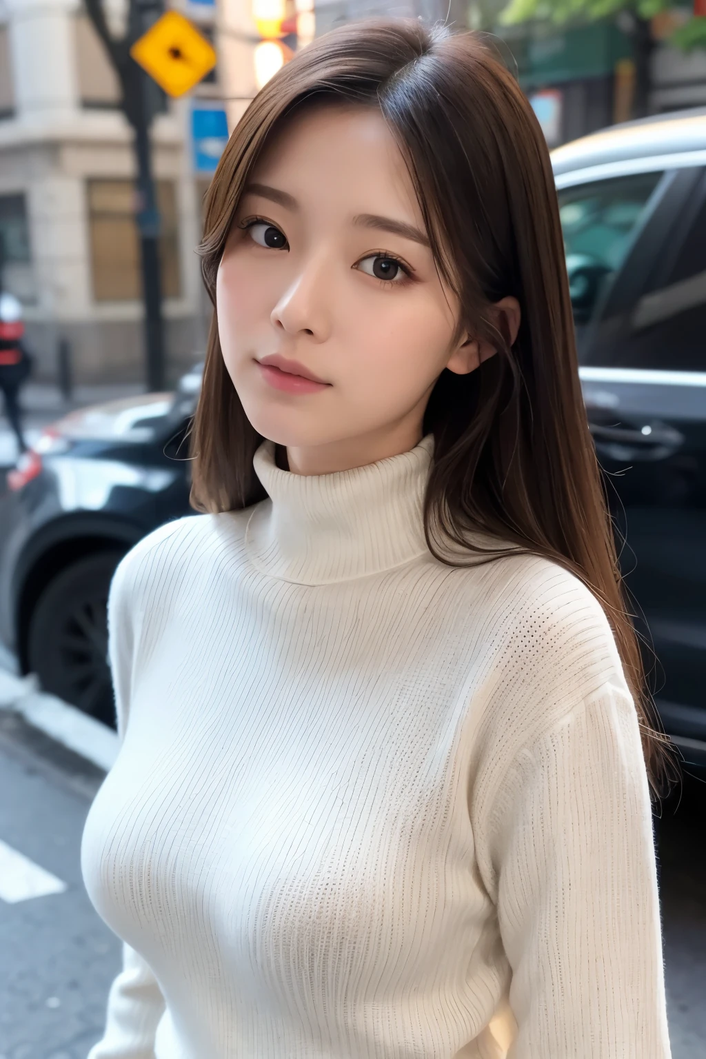 Photo realistic, High resolution, detailed background, detailed beautiful skin, detailed nose, soft lighting, (solo shot:1.23), (upper body:1.1), closed shot, (breast focused:1.3), looking at viewer, (((nice hand, perfect hand))), clear eyes,// japanese lady, pale skin, mega breasts, // (wearing black Turtleneck sweater), long hair, street snap, ((facing viewer)), at the street tokyo,