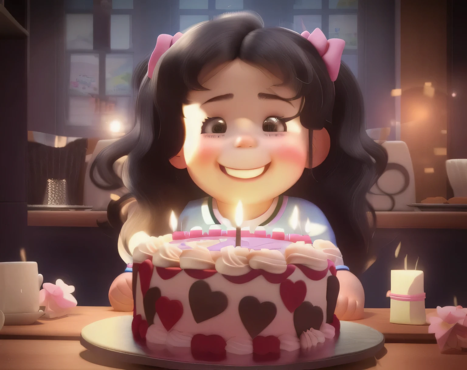 chubby girl, long black hair, big smile, super excited, looking down at the cake