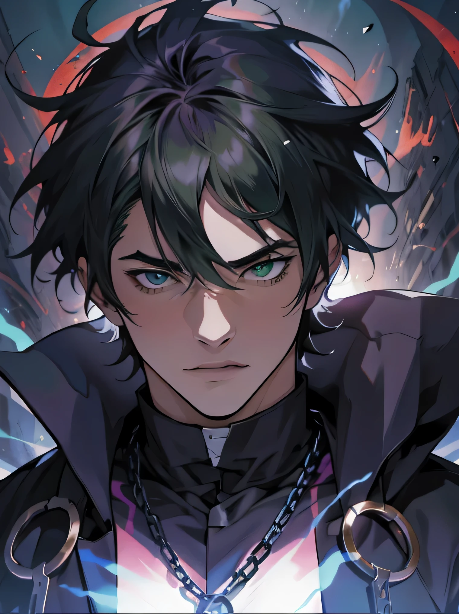 anime - style image of a man with a chain around his neck, handsome guy in demon slayer art, anime homem bonito, ((com barba)), (((olhos verde))), inspirado em Okumura Masanobu, cara de anime alto com olhos azuis, arte principal do anime, retrato de anime de um homem bonito, personagem de anime masculino, inspirado em Yamagata Hiro, bela pose de anime, jovem anime
