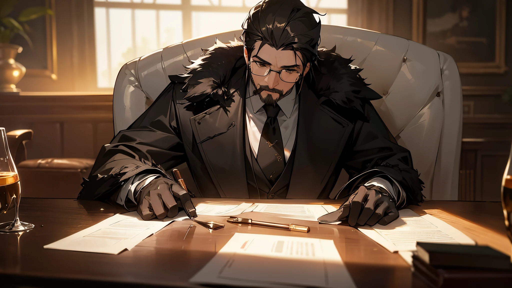 Masterpiece, a man, solo, wearing an elegant suit, Cuban cigar in mouth, glasses perched on his nose, ar2:1, high definition, realistic, ultra-detailed, (fur texture: 1.5), dynamic light and shadow, sharp focus, depth of field, realistic reflection on the cigar, man's wrinkled and worn leather armchair, German Shepherd's shiny black nose and wet muzzle, man's brown eyes, (facial hair: 1.2), indoor scene, black gloves, full body, perfect eyes, sitting behind at huge desk