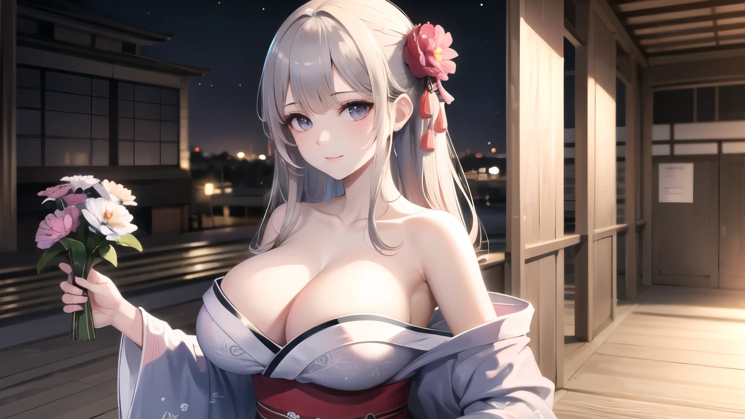 (((masterpiece, best quality))), (((superior quality))), cute girl, ((extremely detailed girl)), (huge breasts), (yukata), (bare shoulders), strapless top, slight smile