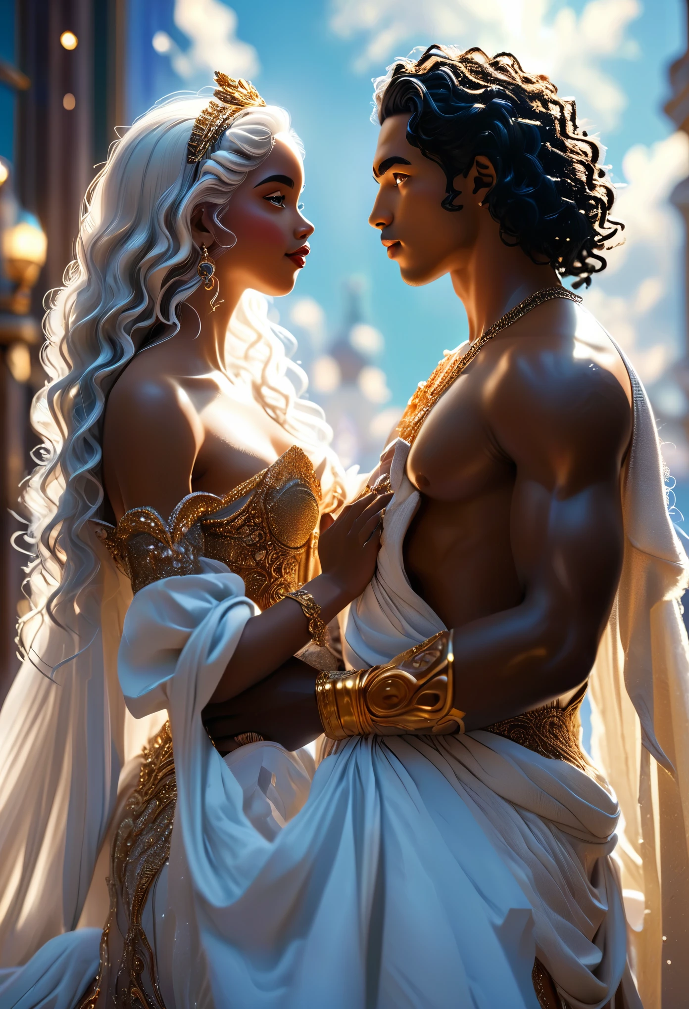 Novel in celestial letscape, wedding of (((a beautiful celest royal couple darkskin))), a young dark hair man and a young white hair woman, in 18's, a young celest pharaon veautiful with black curly hair with his (((young brown skin queen very beautiful with whitelonghair:1.7))), romantic pose, beau visage, (((beau))), visages parfaits, tout le corps, detailed face et body, Romantic scene, Voie romantique, 8K, Extremely detailed, (high quality, Realistic, photoRealistic: 1.37), tout le corps, ideal proportions et defined complexion, Meticulously designed features, inaccessible beauty, la perfection, chef Artistique&#39;ouvrages d&#39;Arts, vivid realism, sculptures hyper detailedes, formes Realistics, vraiment impressionnant, Un savoir-faire impeccable, pure shine, ethereal beauty, Delicate contours, Poses frappantes, sublime beauty, nuances subtiles, compositions dynamiques, couleurs vives, Perfect lighting, Expressions en mouvement, Celestial aura, Majestic presence, Ambiance onirique, rendu d&#39;octane detailed inégalé, tendance sur Artstation, Photographie Artistique 8k, photoRealistic concept Art, naturel, doux, Volumetric cinematic perfect light, clair-obscur, Award-winning photography, chef-d&#39;ouvrages d&#39;Art, beau, detailed, complexe, incroyablement
