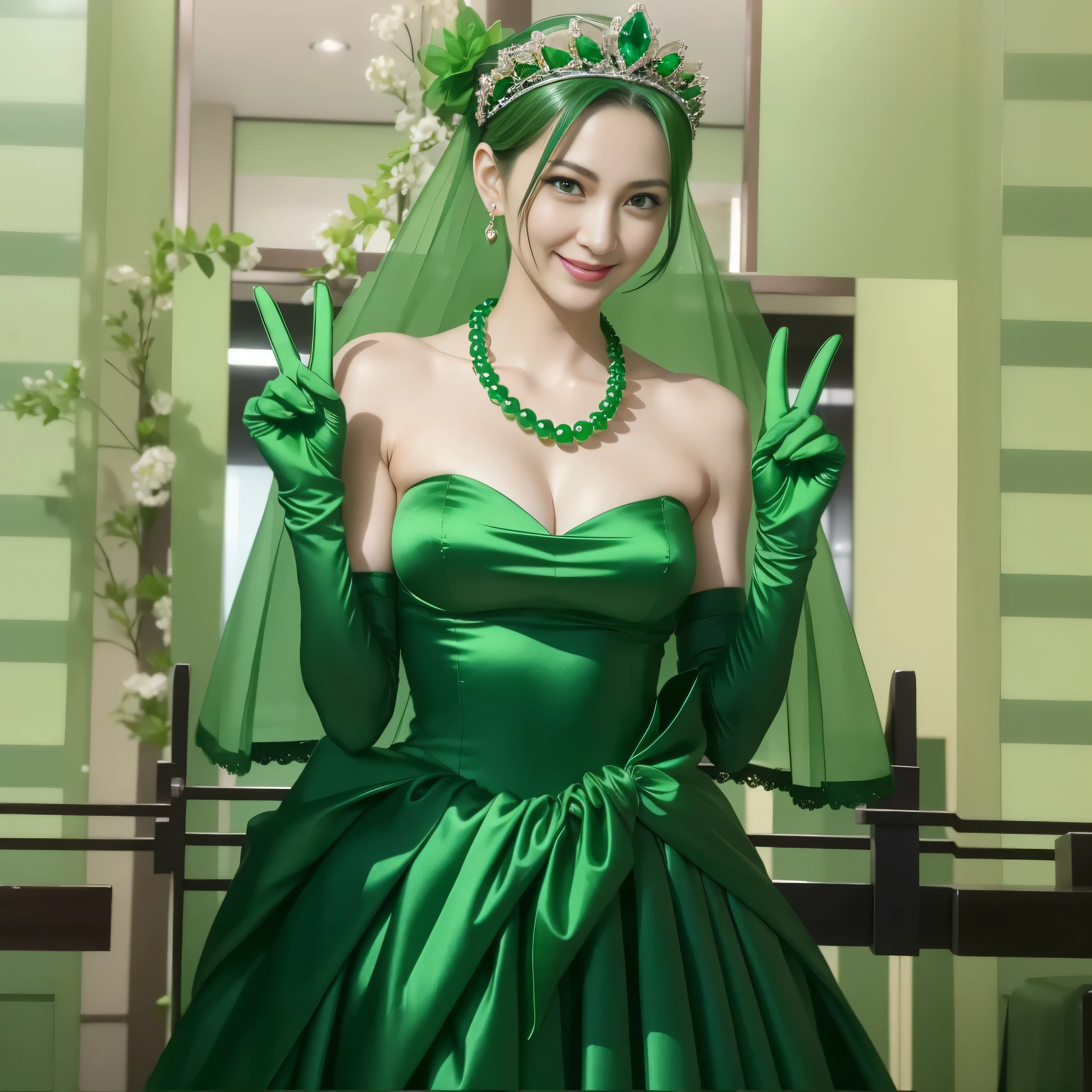 Beautiful Japan woman in her 30s, finger details, beautiful hands,emerald tiara, green pearl necklace, Boyish green berry short hair, lipstick, smiling Japanese woman, very short hair, big breasts beautiful, green eyes, green satin long gloves, green eyes, emerald earrings, green veil, V sign
