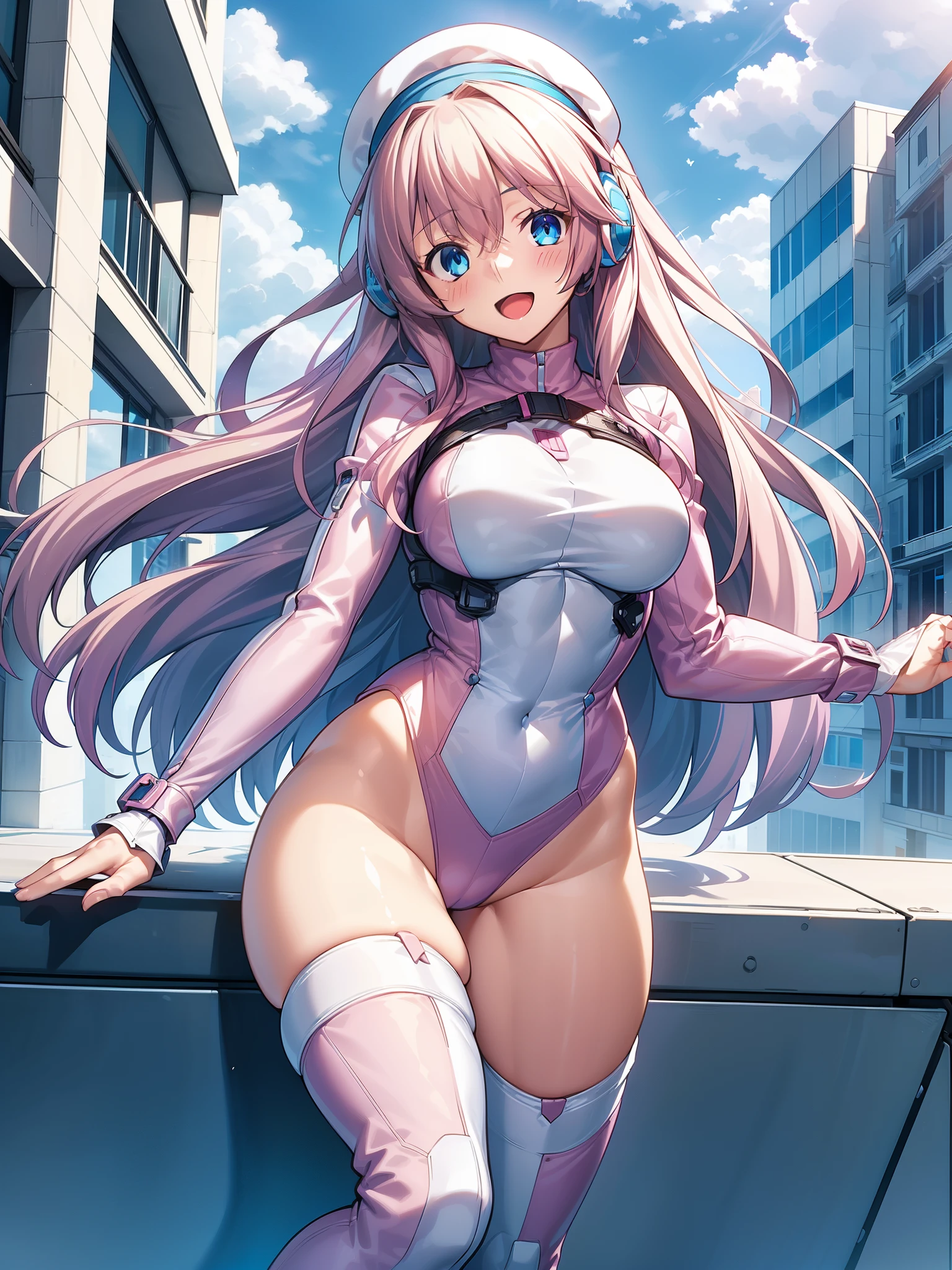1girl, solo, breasts, looking at viewer, blush, smile, long hair, bangs, large breasts, pink long hair, long sleeves, blue eyes, headphone,beret,:d, bodysuit, bspace, pink bodysuit with blue accents, blue sky,outdoors,office building backdrop, leotard, bare legs, thigh-high boots