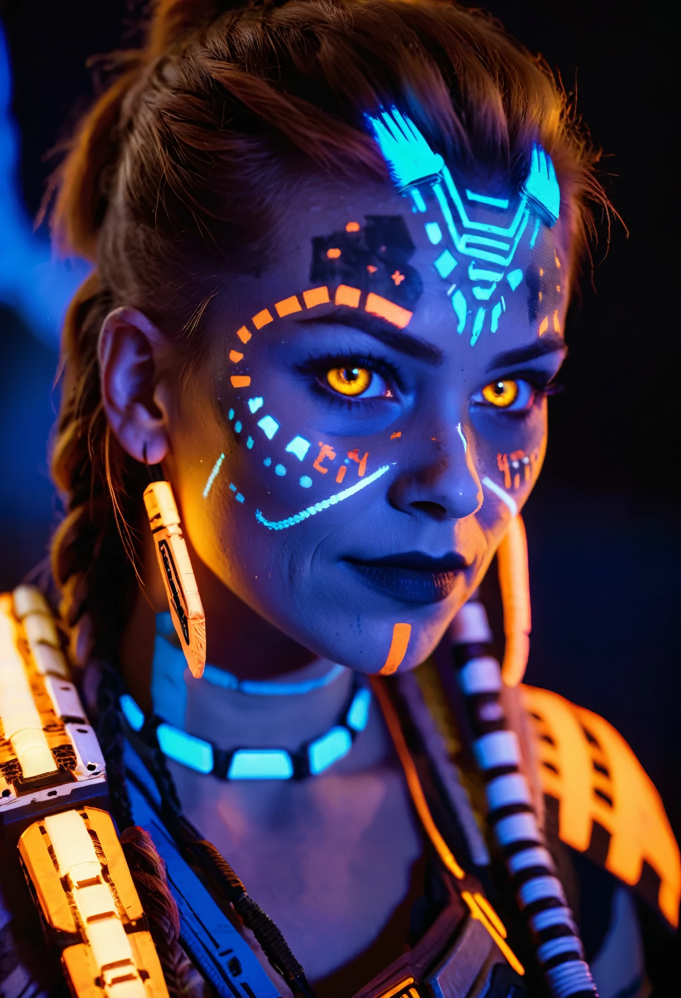 Black light painted on face&#39;Aloy, Aloy est un personnage fictif et protagoniste du jeu vidéo Horizon Zero Dawn de 2017., gros plan blacklight