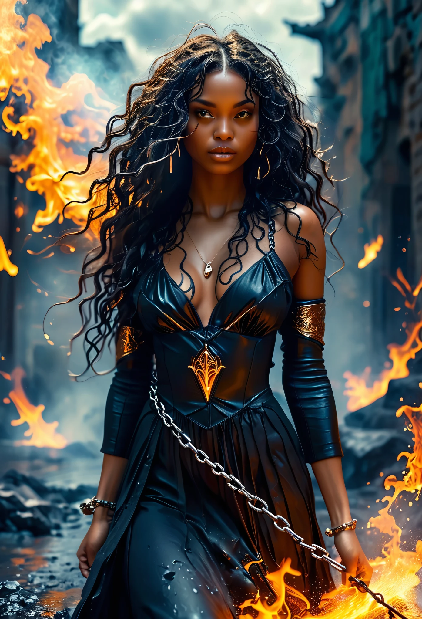 Novel in chaotic and destroy landscape, an brown skin woman with long dark curly hair, very beautiful 18's woman, chained and wrapped in burning chains, wearing a long black african dress, metallic texture, demonic, wielding immense power, melting chains, scorching heat,rays of light piercing through the cracks,ominous shadows,exquisite detailing,steaming heat waves,smoke rising,,fireworks-like sparks,dramatic composition,dark fantasy,emerald flames,burning tattoos,fiery destruction,apocalyptic scene,crumbling ruins,distant flames,molten lava,unstoppable force,battlefield devastation,constantly growing in size,threatening clouds looming above,crimson danger,indomitable spirit,enchanted chains,,stunningly beautiful,demonic transformation,transcendent power,untamed chaos, 8K, Extremely detailed, (high quality, Realistic, photoRealistic: 1.37), tout le corps, ideal proportions and defined complexion, Meticulously designed features, inaccessible beauty, la perfection, chef artistique'ouvrages d'arts, vivid realism, sculptures hyper detailedes, formes Realistics, vraiment impressionnant, Un savoir-faire impeccable, pure shine, ethereal beauty, Delicate contours, Poses frappantes, sublime beauty, nuances subtiles, compositions dynamiques, couleurs vives, Perfect lighting, Expressions en mouvement, Celestial aura, Majestic presence, Ambiance onirique, rendu d'octane detailed inégalé, tendance sur artstation, Photographie artistique 8k, photoRealistic concept art, Naturel, doux, Volumetric cinematic perfect light, clair-obscur, Award-winning photography, chef-d'ouvrages d'art, huile sur toile, beau, detailed, complexe, incroyablement