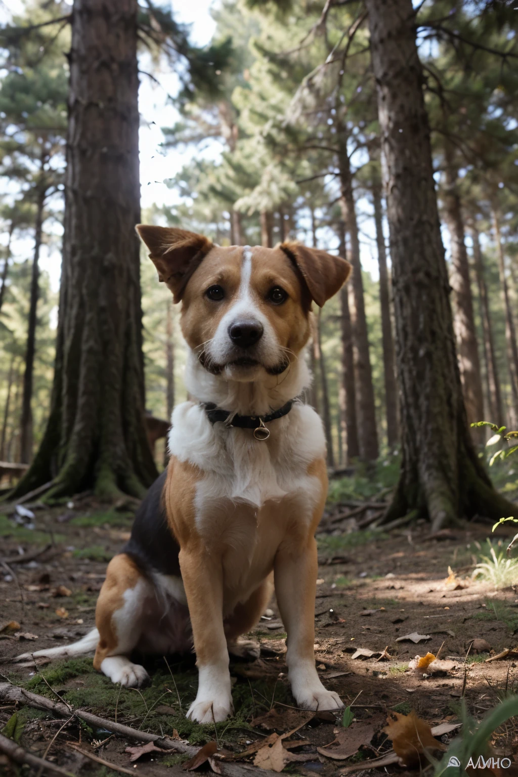 "Generate an image of a beagle dog trapped in the forest by hunters."

[Scenario description]: A beagle dog is trapped in a hunter&#39;s trap in the dense forest. Your facial expressions show determination and hope, despite the difficult situation. Ao redor, there are tall trees and dense vegetation, indicating the vastness of the forest and the danger it poses to the defenseless dog.

[Detalhes da imagem]: A imagem deve retratar o beagle em primeiro plano, with an expression of defiance and courage on his face. The trap must be clearly visible, prendendo uma de suas patas. Hunters can be hinted at in the distance, suggesting its threatening presence in the forest. O ambiente ao redor deve ser sombrio e misterioso, with shadows cast by the trees and an air of imminent danger.

[Adicionais]: A imagem pode incluir detalhes adicionais, like fallen leaves, Sun rays filtered through the trees and forest animals observing the scene from afar, adding depth and atmosphere to the composition.
