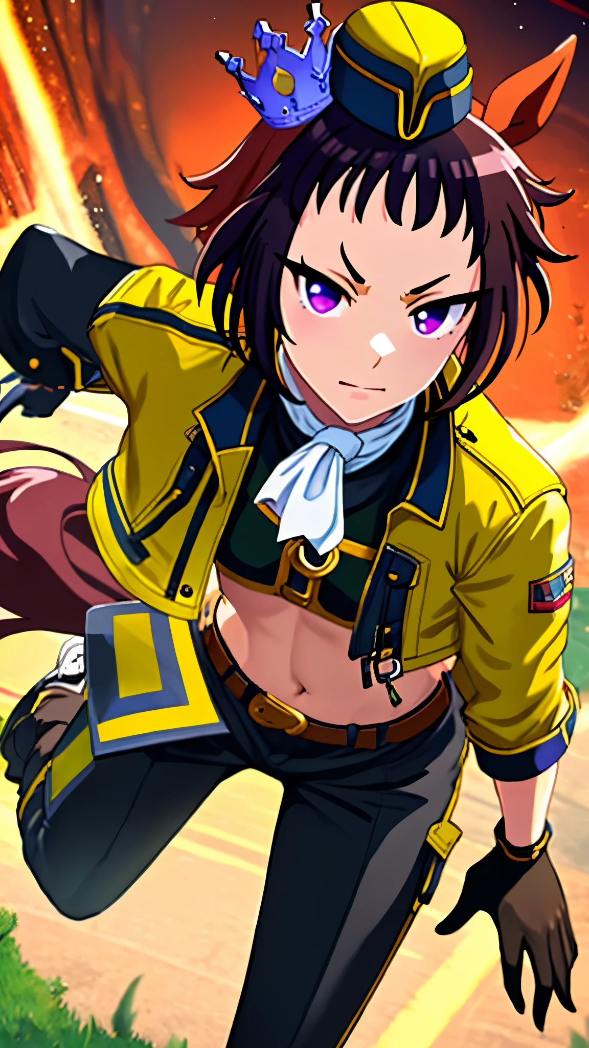 bestquality,4k,anime,1girl,Byerley Turk,1horse tail,original art,ear ornament, garrison cap, black gloves, white neckerchief, crop top, bandeau, long sleeves, yellow jacket, cropped jacket, open jacket, open clothes, suspenders, black pants, black footwear, high heel boots,running,squint