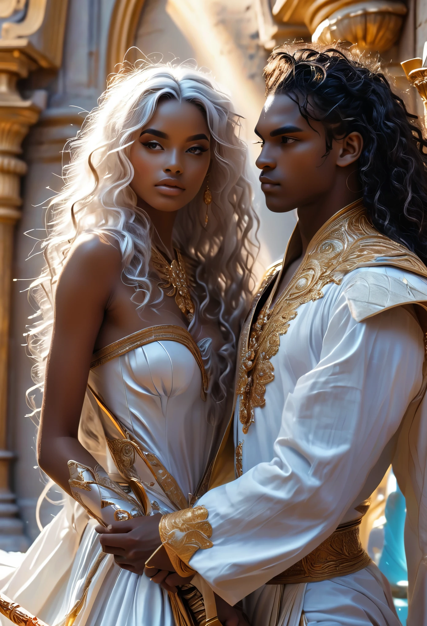 Novel in celestial chaotic landscape, (((close up of a beau young darkskin couple in 18's))), (a young very beau pharaon with dark curly hair:1.3) and (a young very beau queen with long whitehair:1.7), fighting with swords and lances beau visage, (((beau))), visages parfaits, tout le corps, detailed face and body, Romantic scene, Voie romantique, couple sexy, 8K, extremely detailed, (high quality, Realistic, photoRealistic: 1.37), tout le corps, ideal proportions and defined complexion, Meticulously designed features, inaccessible beauty, la perfection, chef artistique&#39;ouvrages d&#39;arts, vivid realism, hyper detailed sculptures, formes Realistics, vraiment impressionnant, Un savoir-faire impeccable, pure shine, ethereal beauty, Delicate contours, Poses frappantes, sublime beauty, nuances subtiles, compositions dynamiques, couleurs vives, Perfect lighting, Expressions en mouvement