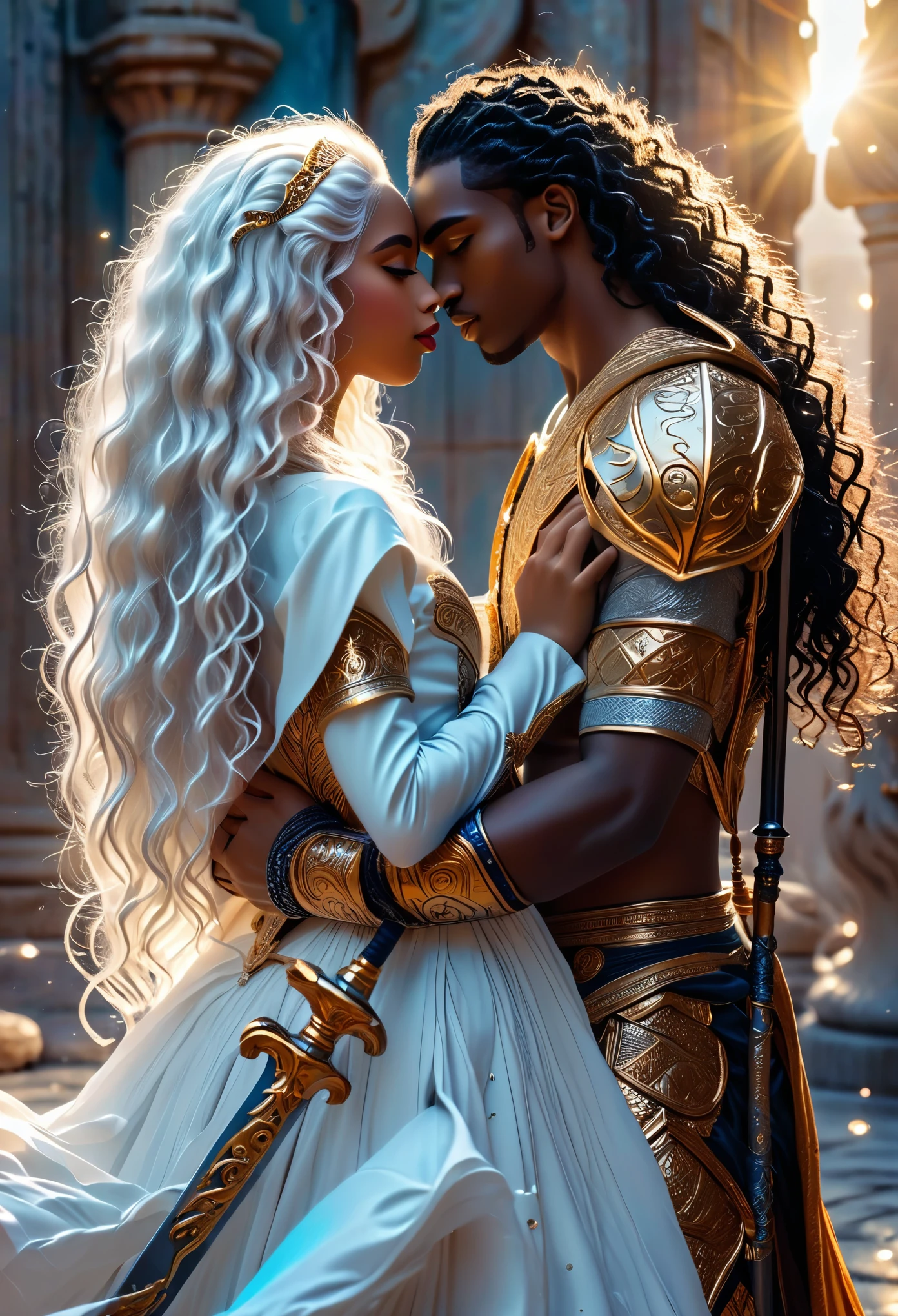 Novel in celestial chaotic landscape, (((close up of a beau young darkskin couple in 18's))), (a young very beau pharaon with dark curly hair:1.3) and (a young very beau queen with long whitehair:1.7), fighting with swords and lances beau visage, (((beau))), visages parfaits, tout le corps, detailed face and body, Romantic scene, Voie romantique, couple sexy, 8K, extremely detailed, (high quality, Realistic, photoRealistic: 1.37), tout le corps, ideal proportions and defined complexion, Meticulously designed features, inaccessible beauty, la perfection, chef artistique&#39;ouvrages d&#39;arts, vivid realism, hyper detailed sculptures, formes Realistics, vraiment impressionnant, Un savoir-faire impeccable, pure shine, ethereal beauty, Delicate contours, Poses frappantes, sublime beauty, nuances subtiles, compositions dynamiques, couleurs vives, Perfect lighting, Expressions en mouvement