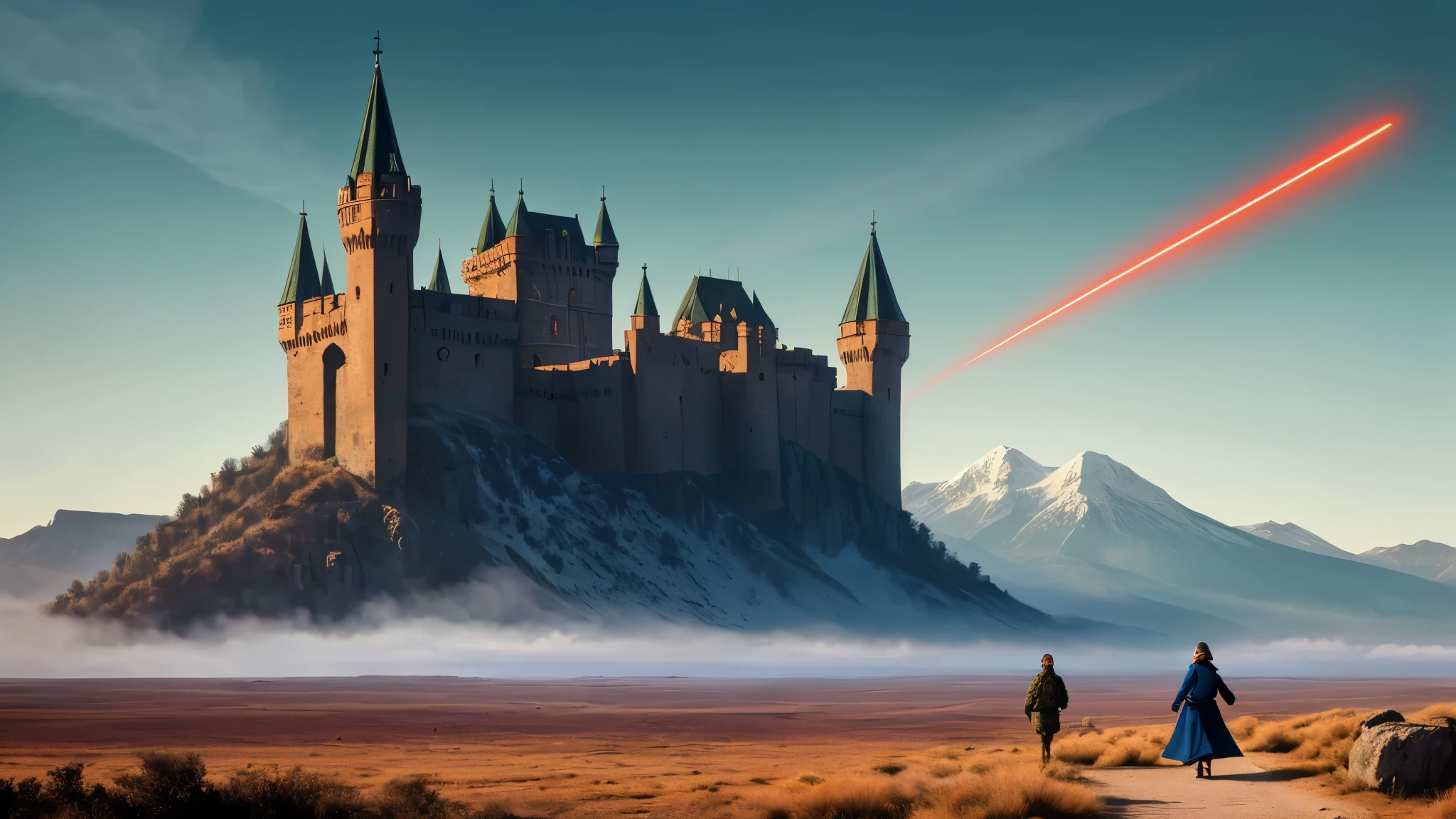 masterpiece, illustration, ((massive giant military babel fortress made of carving stone standing on desert land far away)), (babel tower), pale blue sky, sunlight, fog, shadow, dark grass with stone, uninhabitable, barren land, nature, (mountains), unsaturated, (young girl wearing dark blue coat walking towards the castle standing far away), medium length red hair, moscow, soviet union, (dark dragon with glowing red eyes flying on the sky above the fortress)