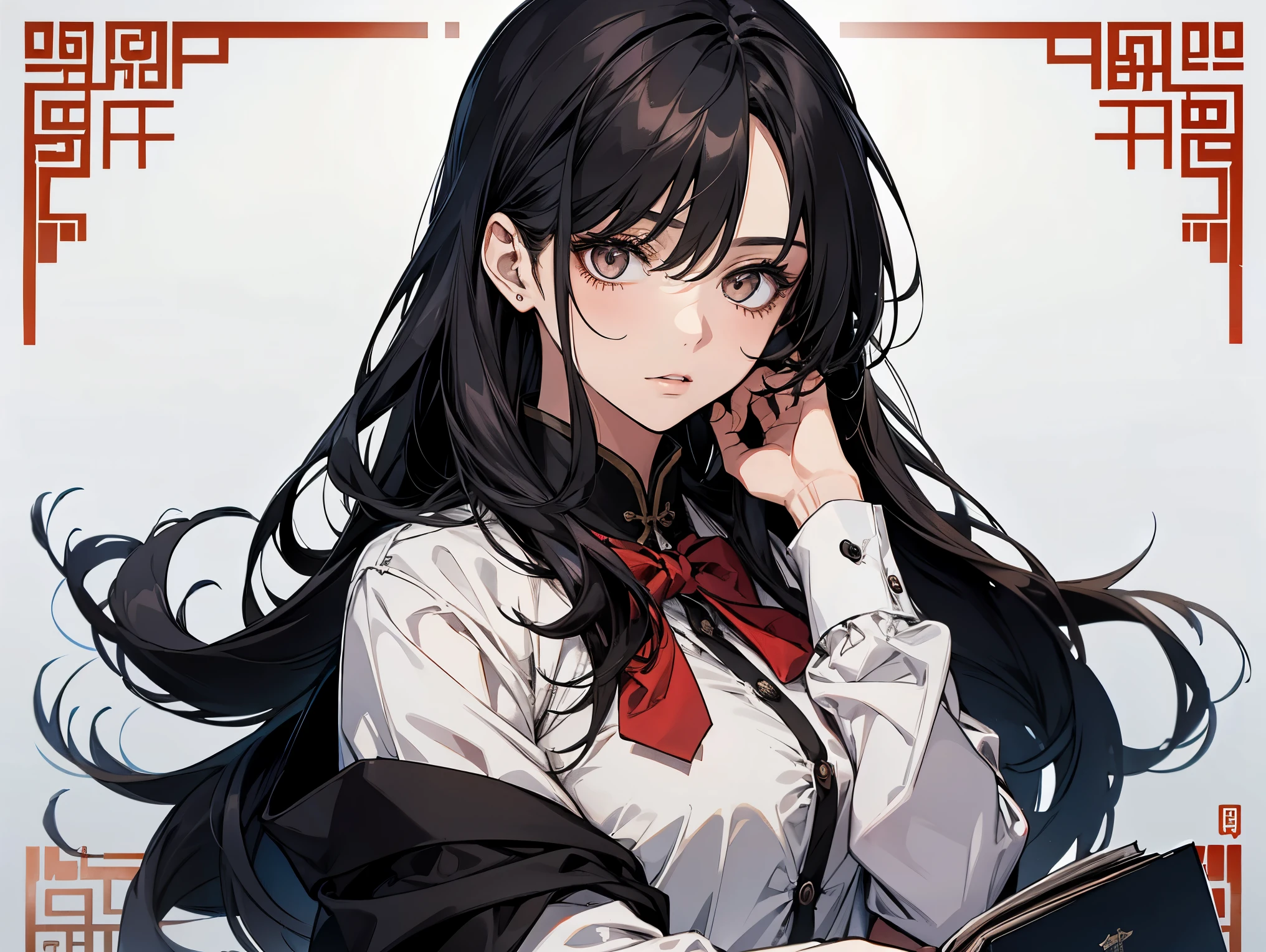 1 female, teacher, wearing white shirt, black long pants, black hair, long hair, white eyes, red bowtie, Nervous, face to detail, detailed eyes, the background office writing a book in china