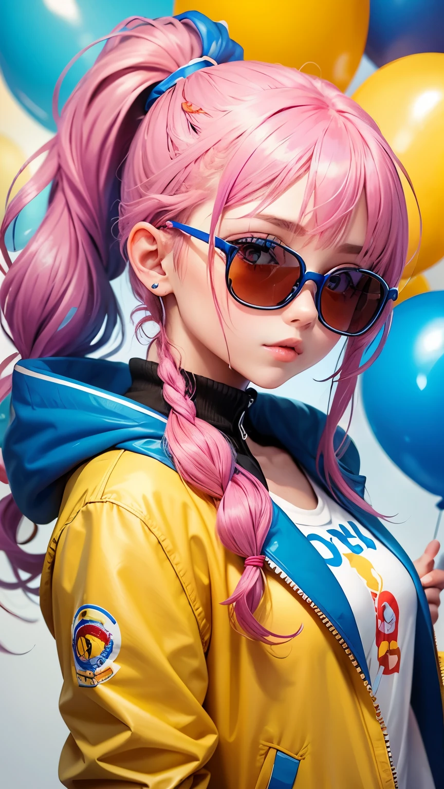  girl, beautiful and cute, wearing blue sunglasses, yellow jacket, white sweatshirt, lots of colorful balloons, baby face, chibi style, red and blue two-color hair, ponytail braided hair, perfect detail eyes, delicate face, perfect CG, HD picture quality, colorful balloons, sky,