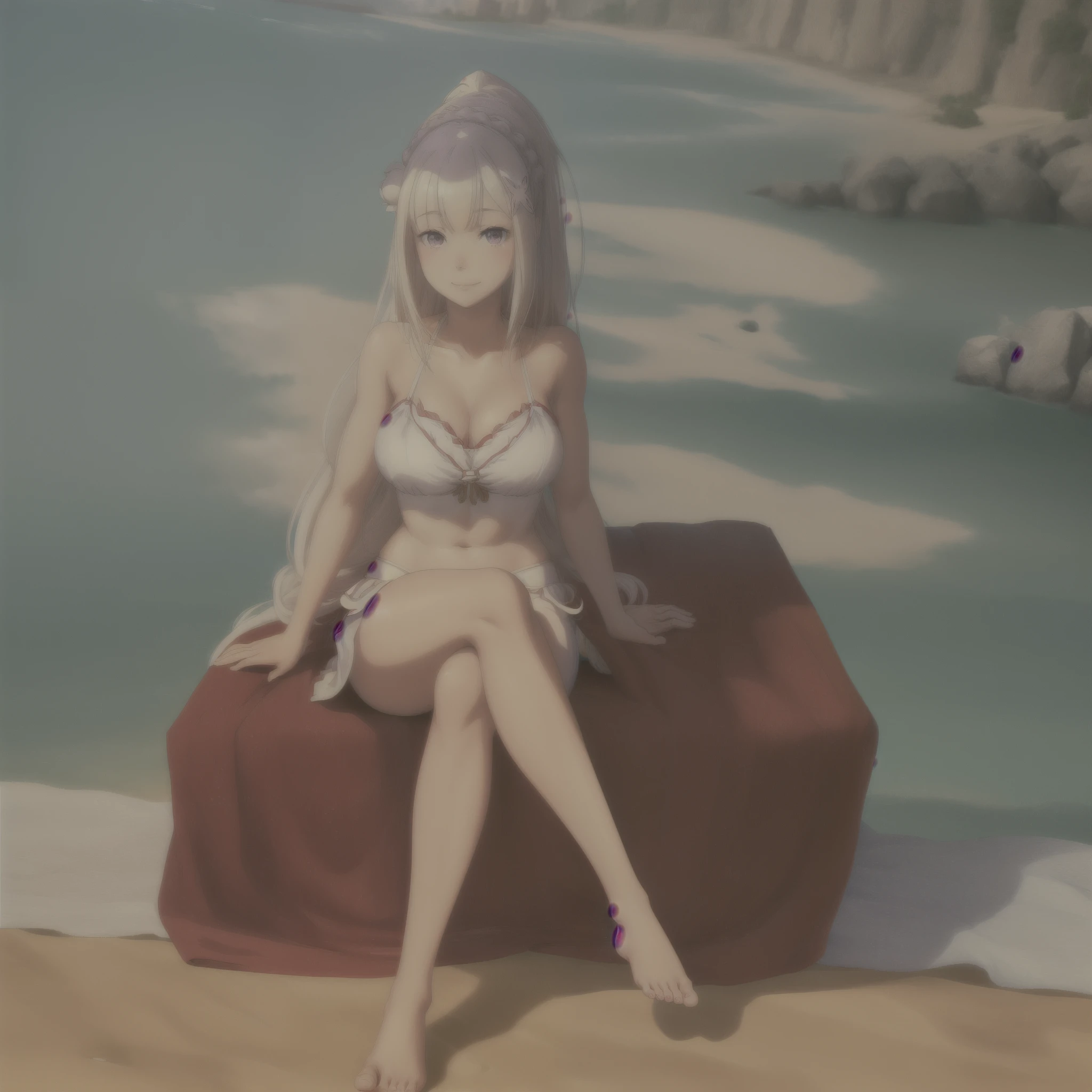  ((masterpiece:1.4)), ((high res:1.4)), ((High definition)), ((detailed shading)), ((beautiful solo portrait)), ((full body)), ((anime girl)), (beautiful 3D art)), Emilia re:zero, purple eyes, Emilia, crown braid, x hair ornament, flower hair ornament, white hair, very long hair, medium breasts , (happy smile), curvaceous hips, beautiful lips, abs, large , (detailed leg muscles), (beautiful feet), (barefoot), (camel toe)}, {white bikini, red spandex shorts}, {(sitting on beach towel), (crossed legs)}, [background; beautiful beach, sunny]