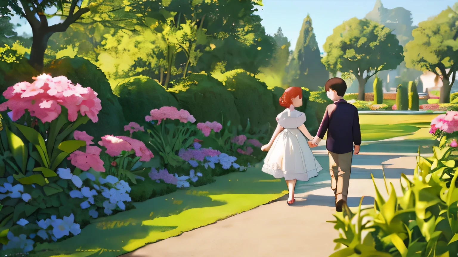 A boy and a woman holding hands, em um lindo jardin.