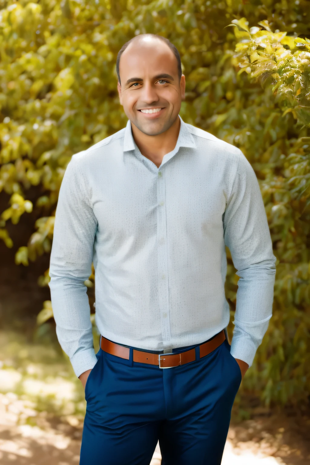 Foto CRU, meio da foto de um homem musculoso de 30 anos, medium length side cuts brown hair, pouco cabelo quase careca, em uma camisa casual, mas bem ajustada, standing against a flat background. sorriso confiante, esquentar, soft lighting to emphasize facial and physical features. Foto colorida.