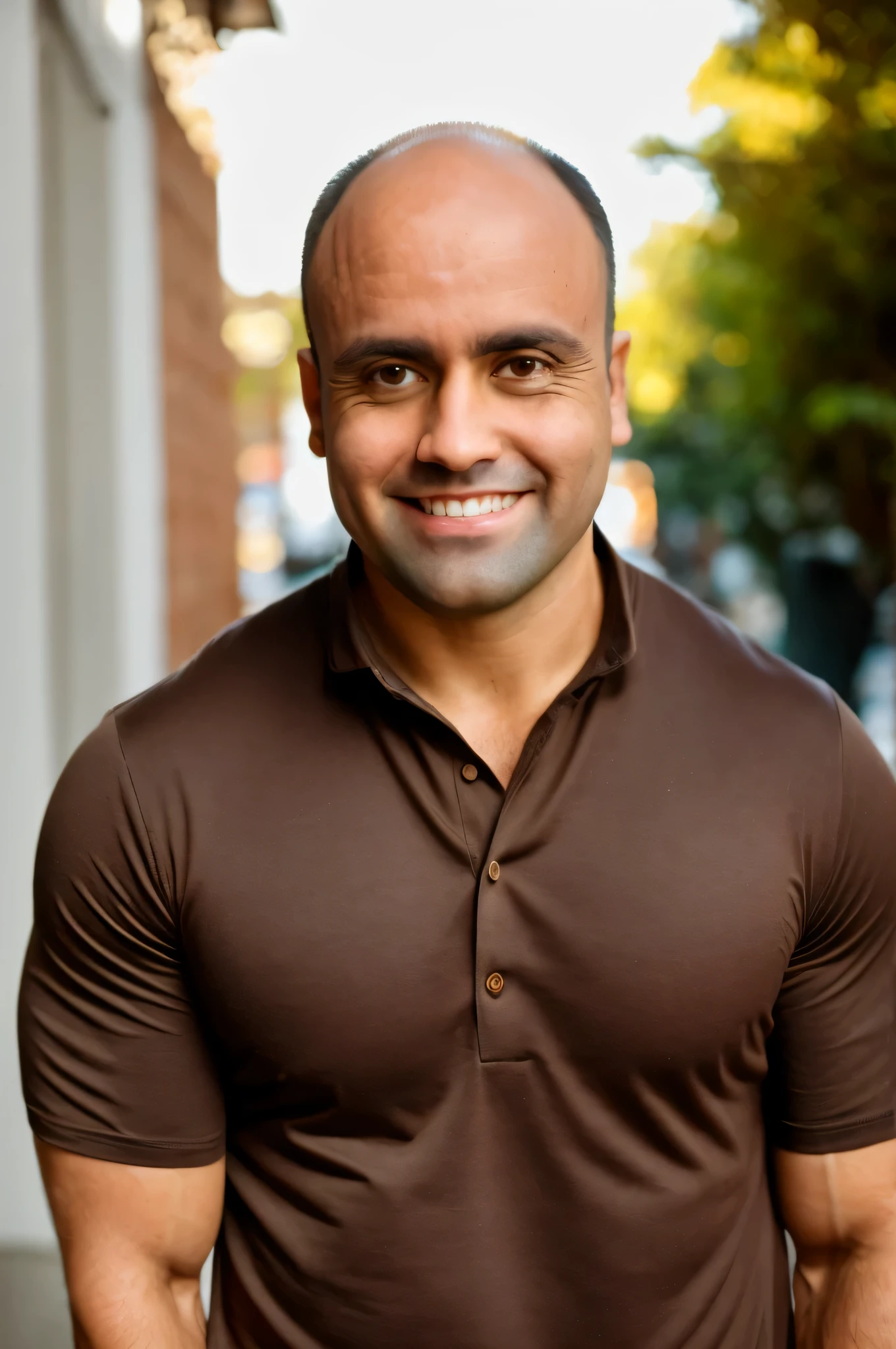 Foto CRU, foto do meio de um homem musculoso na casa dos 30 anos, medium length side cuts brown hair, cabelinho quase careca, em uma camisa casual, mas bem ajustada, standing against a flat background. Confident Sorriso, Aquecer, soft lighting to emphasize facial and physical features. Foto colorida, 8k HD, (Fujifilm XT3), (estilo moderno), (cores quentes), rua da cidade, Sorriso, (Film grain), (soft lighting), cinematic lighting, alta qualidade, detalhe do rosto
