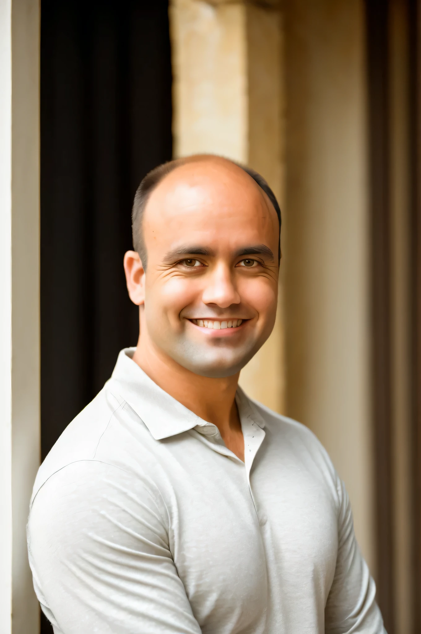 Foto CRU, foto do meio de um homem musculoso na casa dos 30 anos, medium length side cuts brown hair, cabelinho quase careca, em uma camisa casual, mas bem ajustada, standing against a flat background. Confident Sorriso, Aquecer, soft lighting to emphasize facial and physical features. Foto colorida, 8k HD, (Fujifilm XT3), (estilo moderno), (cores quentes), rua da cidade, Sorriso, (Film grain), (soft lighting), cinematic lighting, alta qualidade, detalhe do rosto