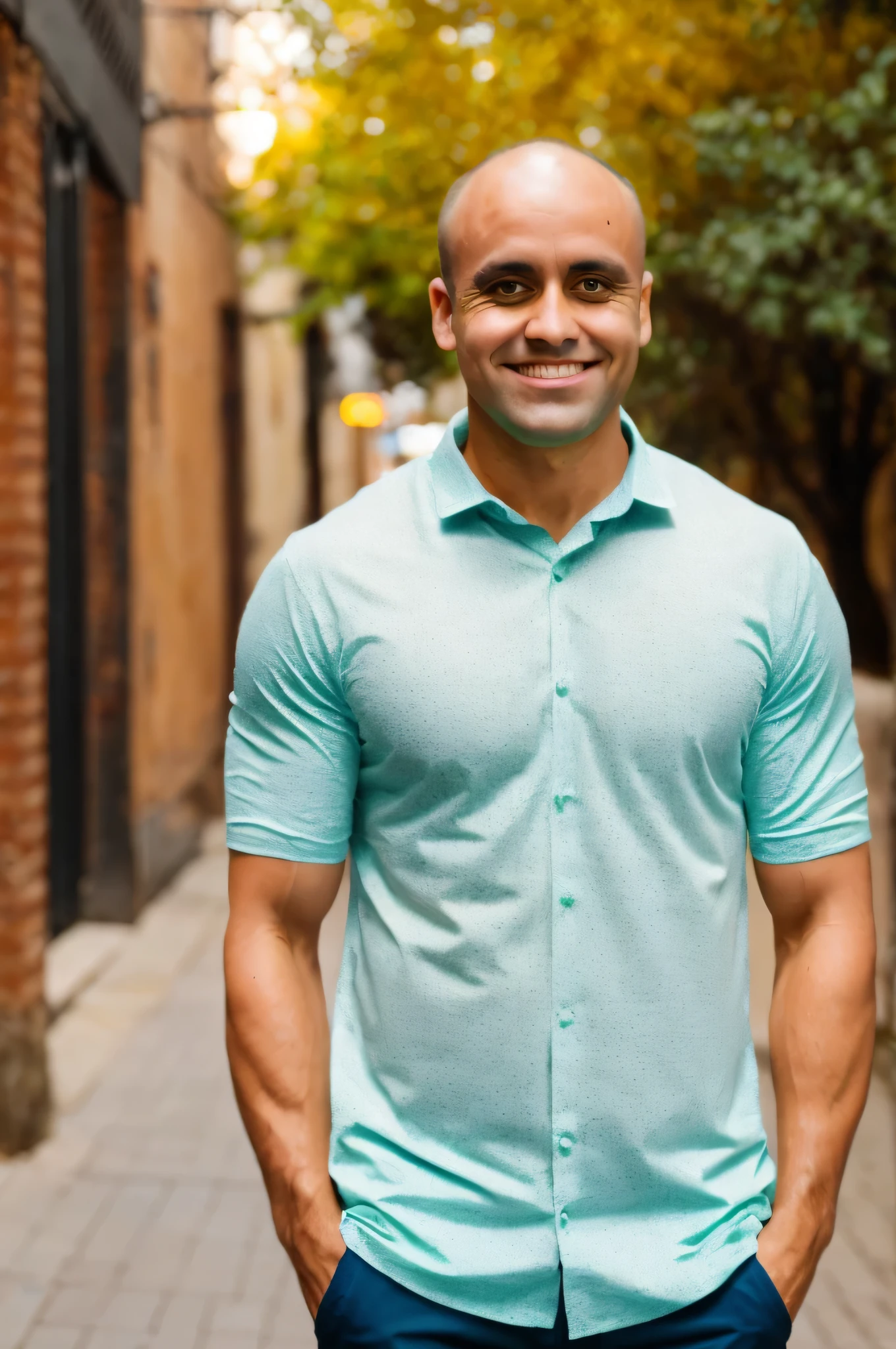 Foto CRU, foto do meio de um homem musculoso na casa dos 30 anos, medium length side cuts brown hair, cabelinho quase careca, em uma camisa casual, mas bem ajustada, standing against a flat background. Confident Sorriso, Aquecer, soft lighting to emphasize facial and physical features. Foto colorida, 8k HD, (Fujifilm XT3), (estilo moderno), (cores quentes), rua da cidade, Sorriso, (Film grain), (soft lighting), cinematic lighting, alta qualidade, detalhe do rosto