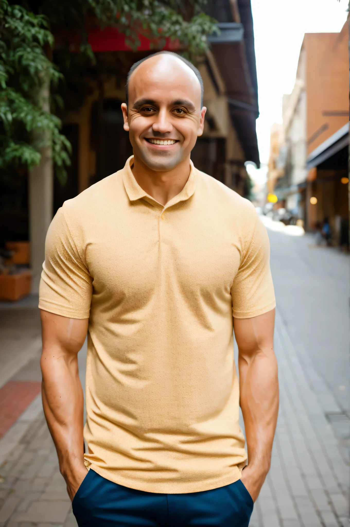 Foto CRU, foto do meio de um homem musculoso na casa dos 30 anos, medium length side cuts brown hair, cabelinho quase careca, em uma camisa casual, mas bem ajustada, standing against a flat background. Confident Sorriso, Aquecer, soft lighting to emphasize facial and physical features. Foto colorida, ambiente urbano, 8k HD, (Fujifilm XT3), (estilo moderno), (cores quentes), rua da cidade, Sorriso, (Film grain), (soft lighting), cinematic lighting, alta qualidade, detalhe do rosto