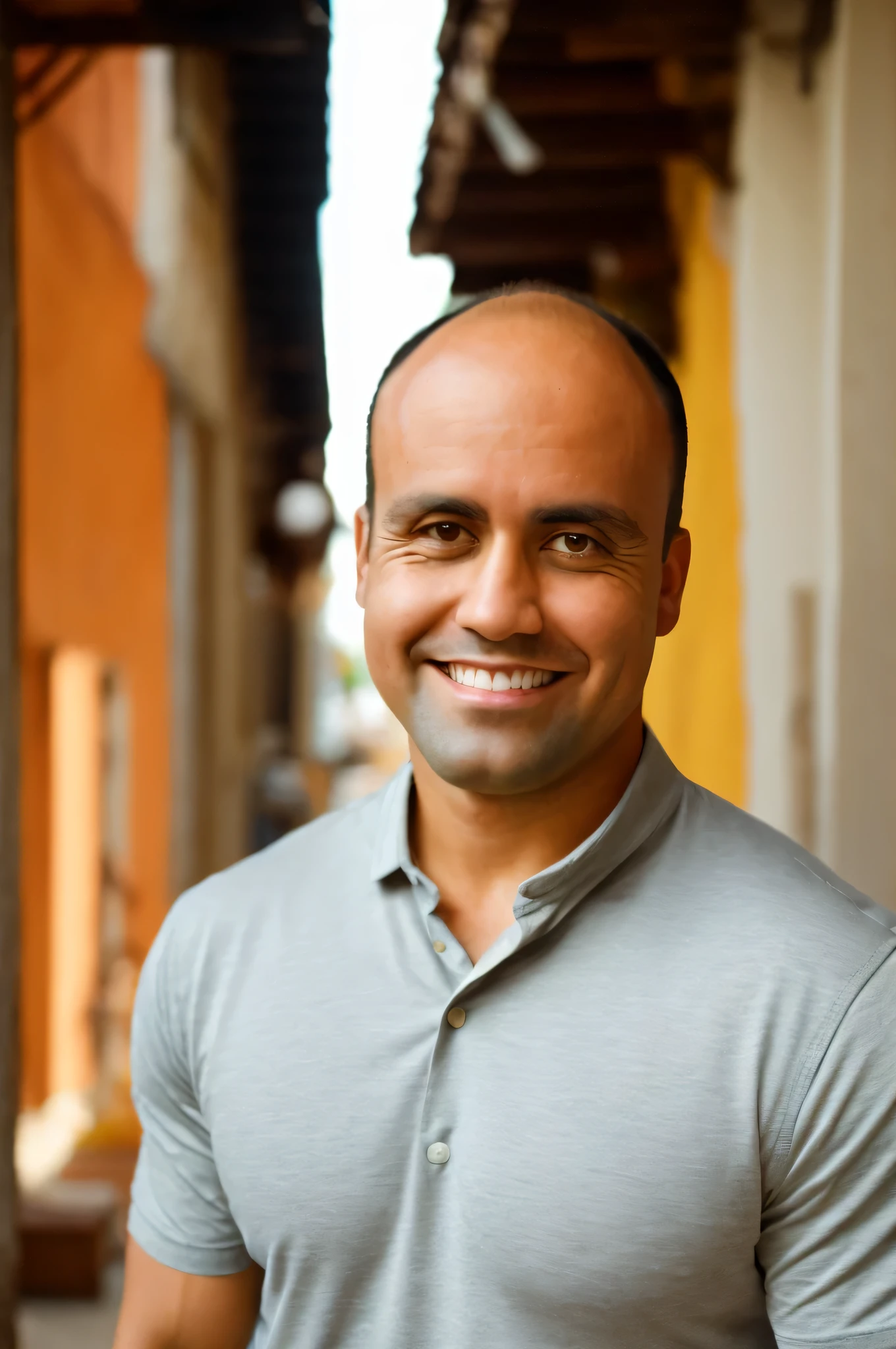 Foto CRU, foto do meio de um homem musculoso na casa dos 30 anos, medium length side cuts brown hair, cabelinho quase careca, em uma camisa casual, mas bem ajustada, standing against a flat background. Confident Sorriso, Aquecer, soft lighting to emphasize facial and physical features. Foto colorida, ambiente rural, 8k HD, (Fujifilm XT3), (estilo moderno), (cores quentes), rua da cidade, Sorriso, (Film grain), (soft lighting), cinematic lighting, alta qualidade, detalhe do rosto