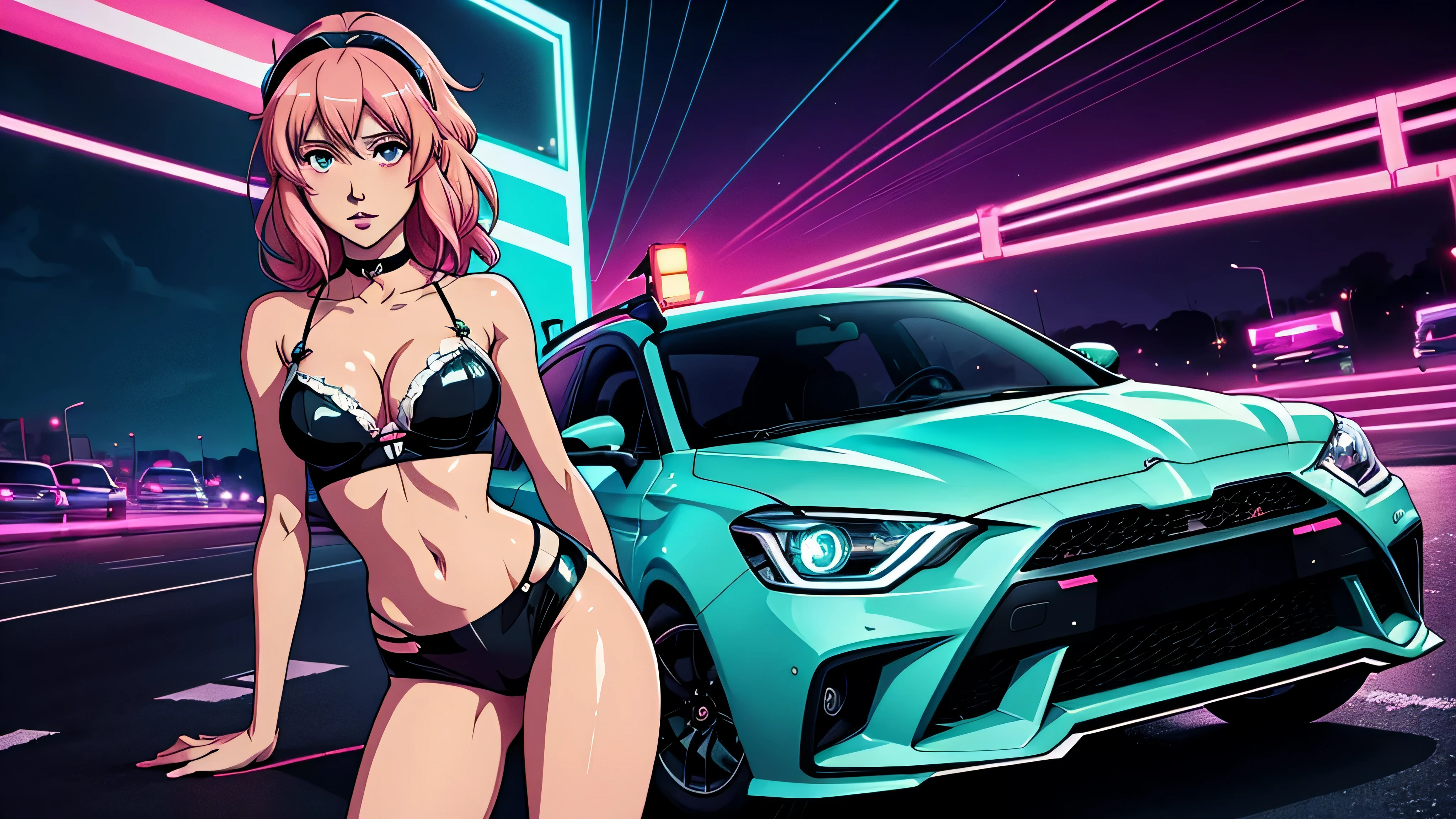 garota de anime, corpo inteiro, pernas, lolita, piloto, na frente de um carro, segurando um capacete, carro, Capa do álbum Anime Phonk Brain Sick, musica, ondas sonoras, com cores rosa e preto neon
