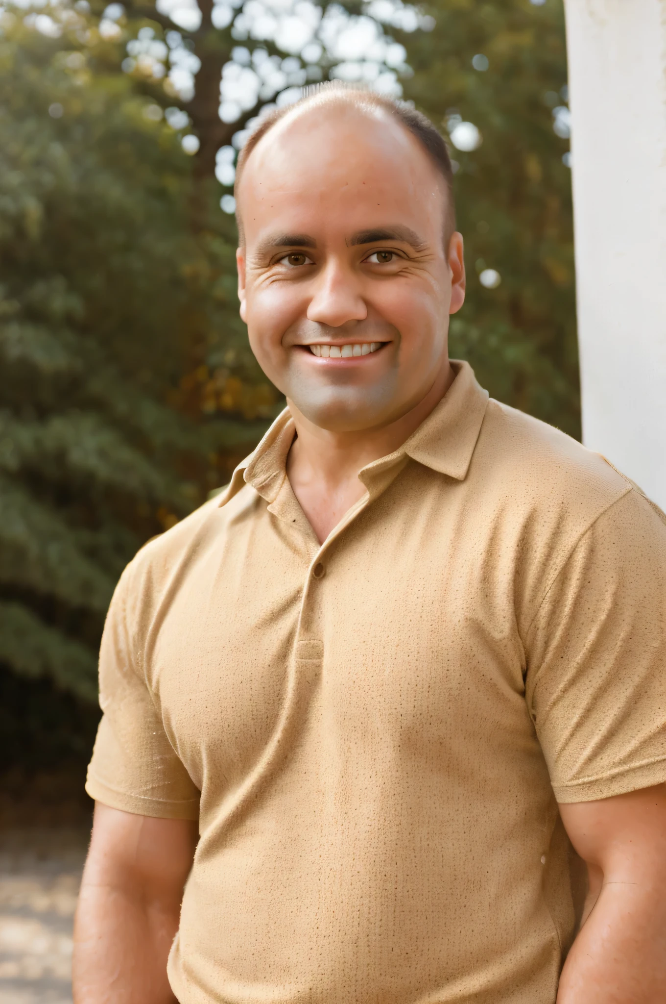Foto CRU, foto do meio de um homem musculoso na casa dos 30 anos, medium length side cuts brown hair, cabelinho quase careca, em uma camisa casual, mas bem ajustada, standing against a flat background. Confident Sorriso, Aquecer, soft lighting to emphasize facial and physical features. Foto colorida, ambiente rural, 8k HD, (Fujifilm XT3), (estilo moderno), (cores quentes), rua da cidade, Sorriso, (Film grain), (soft lighting), cinematic lighting, alta qualidade, detalhe do rosto