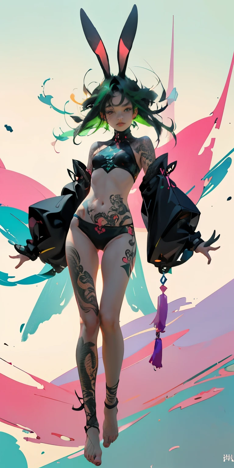 Rabbit technique , Science fiction,
1 girl, tattoo, 发光tattoo, sparkling eyes, Multicolored shiny hair , (((whole body))), green hair,Open navel Cavitec, Barefoot,pastel shades, kawaii, Cute colors,