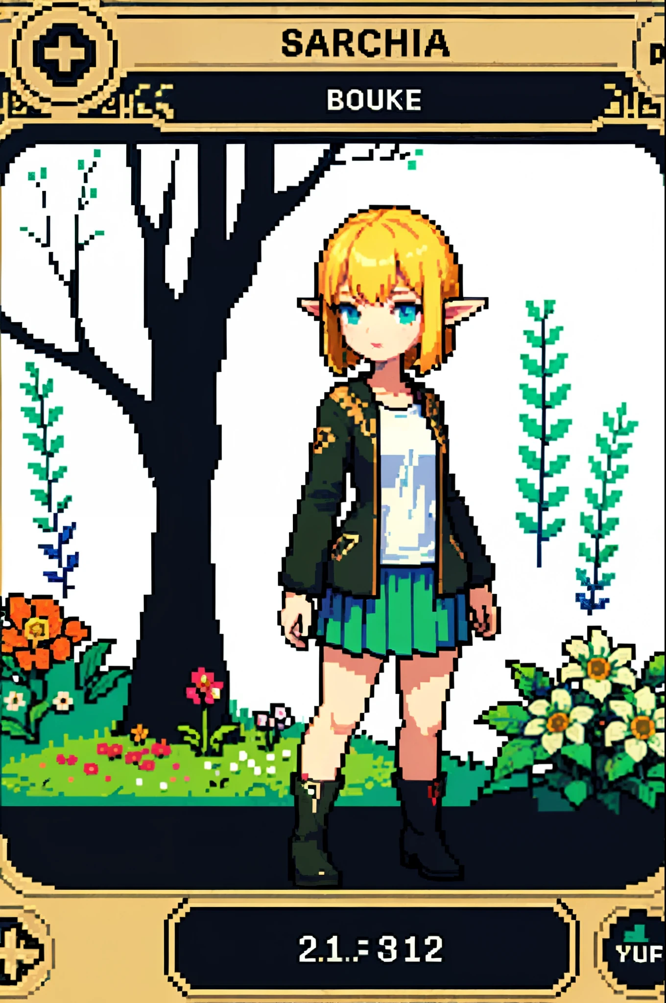 (masterpiece, top quality, best quality),pixel, pixel art,1 elf lady,blond hair,boots,skirt,perfect anatomy,flower,garden,full body,her, shirt, skirt,8 bit game asset