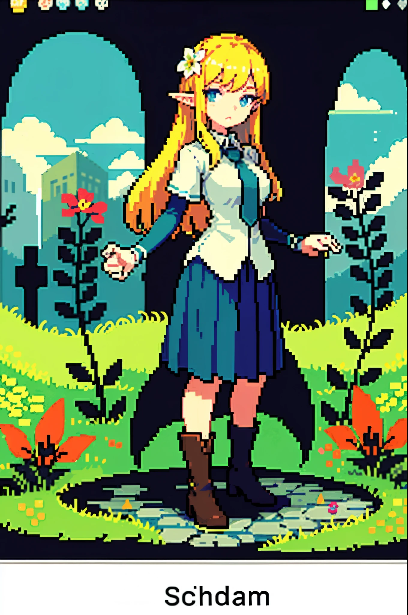 (masterpiece, top quality, best quality),pixel, pixel art,1 elf lady,blond hair,boots,skirt,perfect anatomy,flower,garden,full body,her, shirt, skirt,8 bit game asset