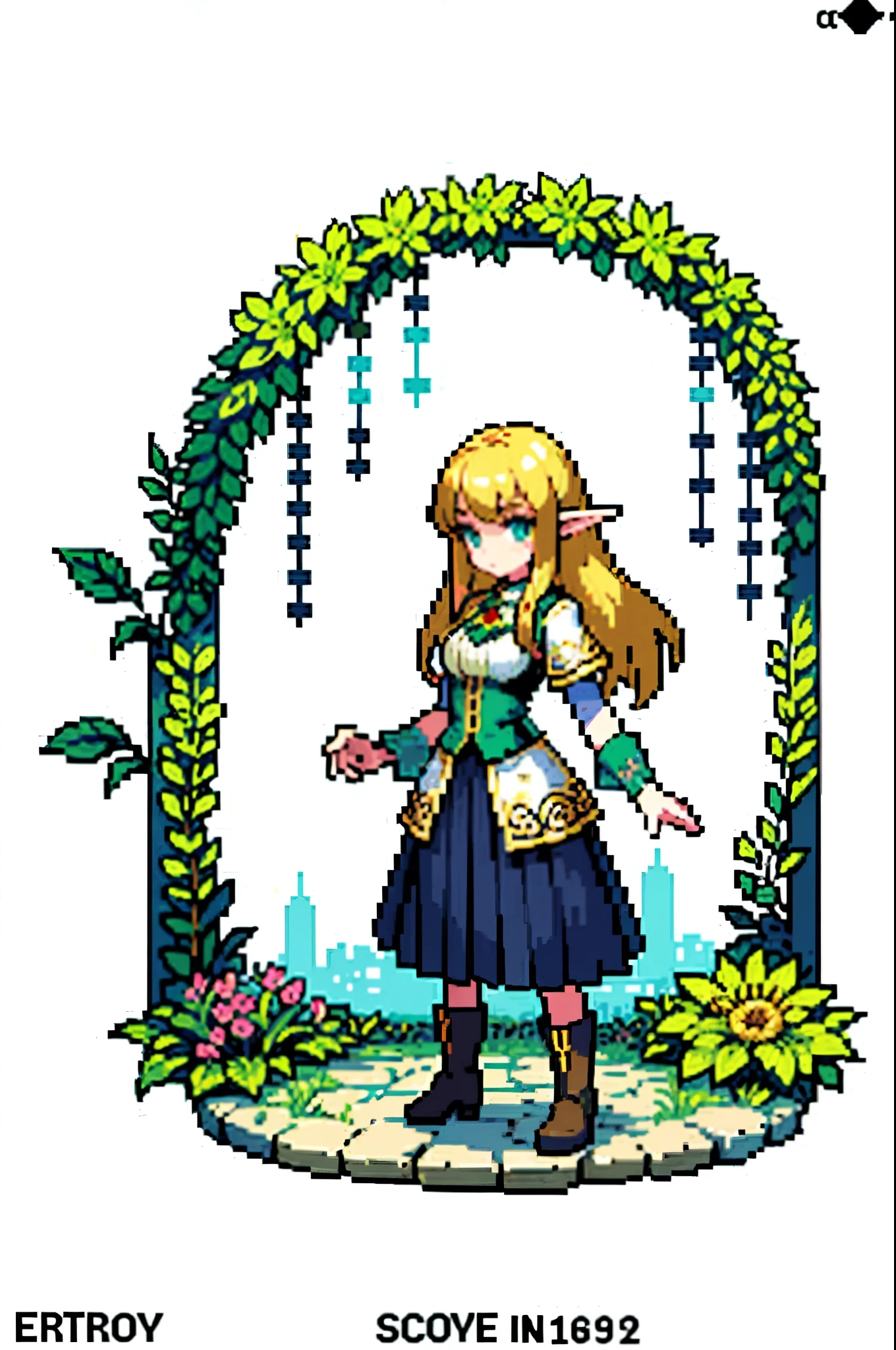 (masterpiece, top quality, best quality),pixel, pixel art,1 elf lady,blond hair,boots,skirt,perfect anatomy,flower,garden,full body,her, shirt, skirt,8 bit game asset